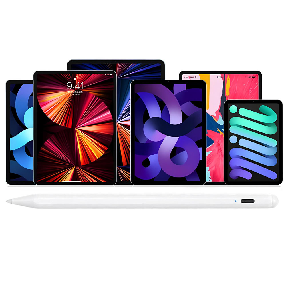 Kilka tabletów o różnych rozmiarach ułożonych, z białym rysikiem poniżej. Ekrany wyświetlają kolorową grafikę.