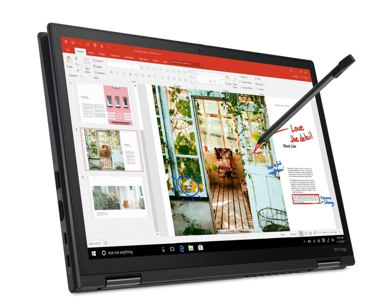 Ein Laptop zeigt eine Präsentation über 'Shed Life'. Ein Stift schwebt über dem Bildschirm. Der Bildschirm zeigt Bilder und Text.