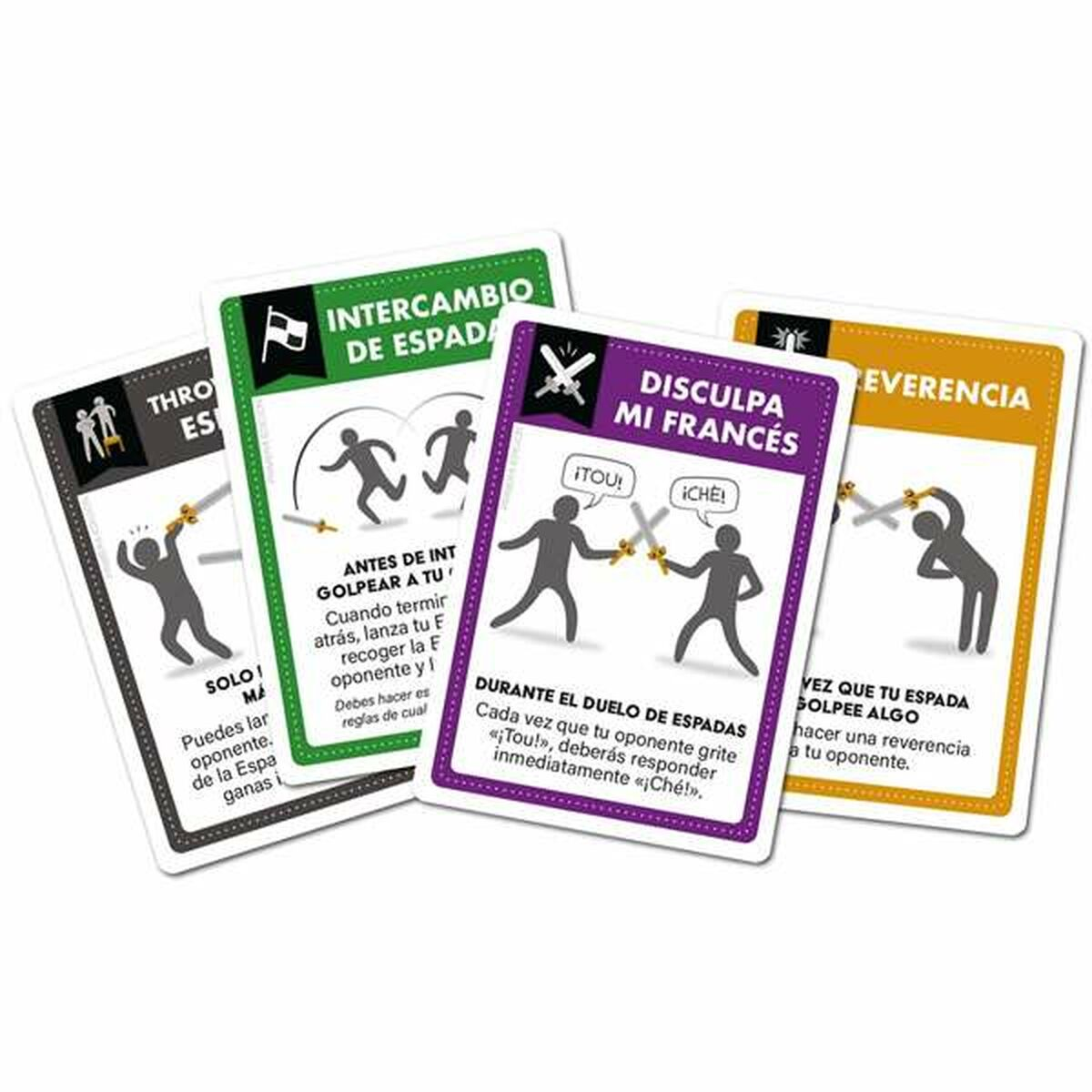 Cuatro cartas de juego con ilustraciones de esgrima. Textos en español y francés. Fondos de diferentes colores.