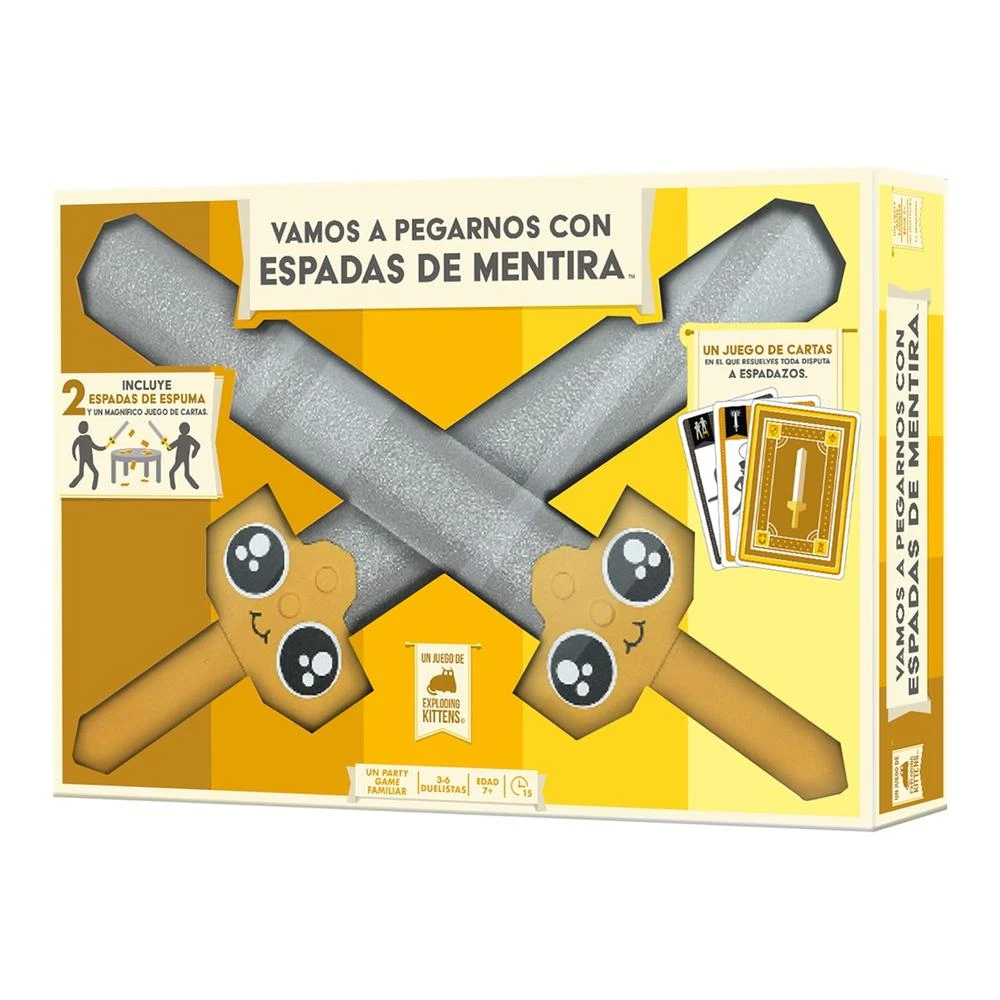 Arte de caja para un juego con espadas de juguete y cartas. El título es 'Vamos a Pegarnos con Espadas de Mentira'.