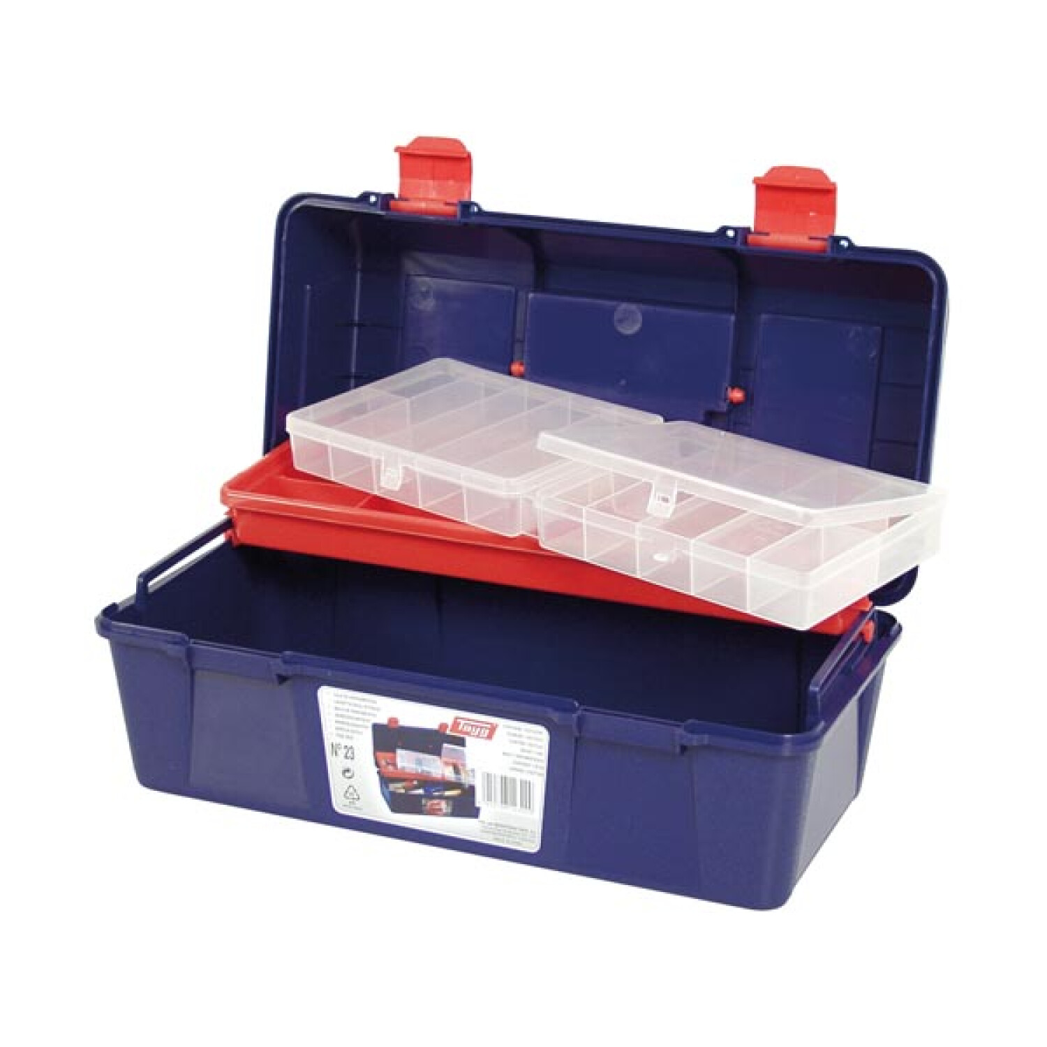 Cassetta degli attrezzi blu aperta con vassoio rosso e scomparti trasparenti. Chiusure rosse fissano il coperchio. Etichetta con testo visibile.