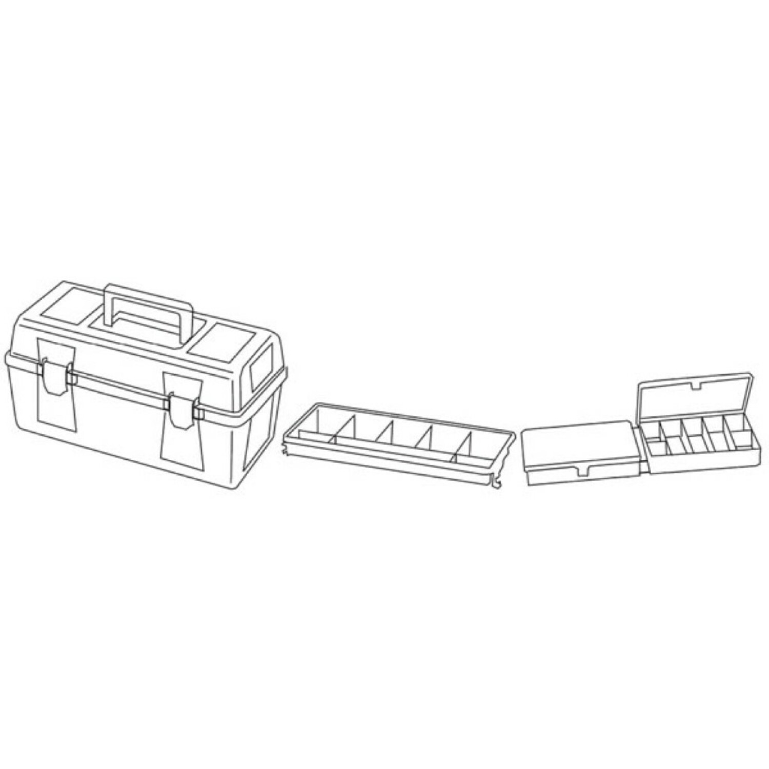 Disegno a tratto di una cassetta degli attrezzi, tre vassoi e una piccola scatola con divisori su sfondo bianco. Tutti aperti o separati.