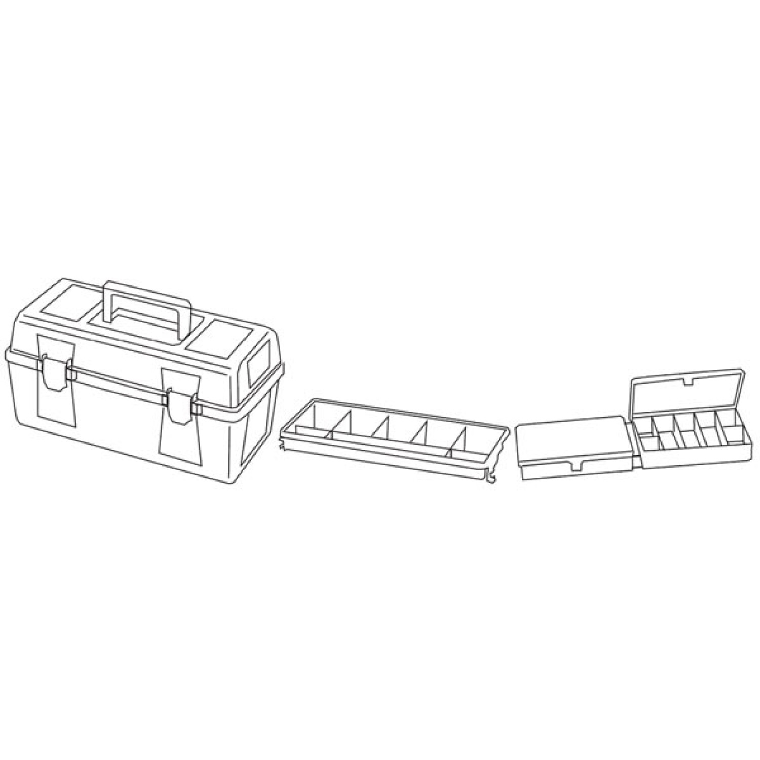 Disegno a tratto di una cassetta degli attrezzi, con scomparti e maniglia. Include anche scatole di immagazzinamento separate, aperte e chiuse.