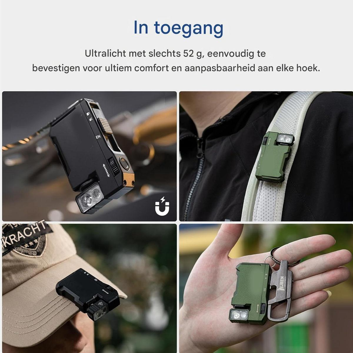 Das Bild zeigt eine kleine Taschenlampe in verschiedenen Umgebungen. Sie wird an einem Rucksackriemen, einer Kappe und einem Schlüsselanhänger gezeigt.