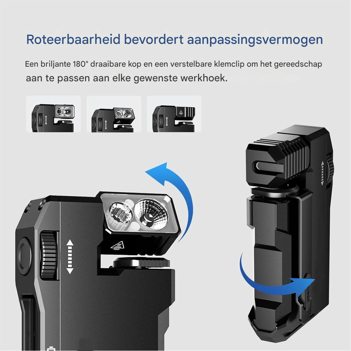 Eine schwarze Taschenlampe mit drehbarem Kopf und verstellbarem Clip. Blaue Pfeile zeigen die Drehung an. Text erklärt die Anpassbarkeit.