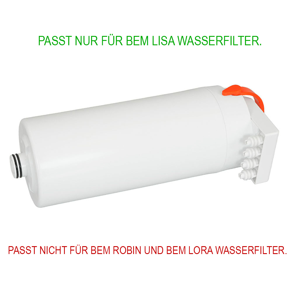 Ein weißer Wasserfilter mit orangefarbenem Griff. Text auf Deutsch besagt, dass er nur für BEM LISA und nicht für ROBIN oder LORA passt.
