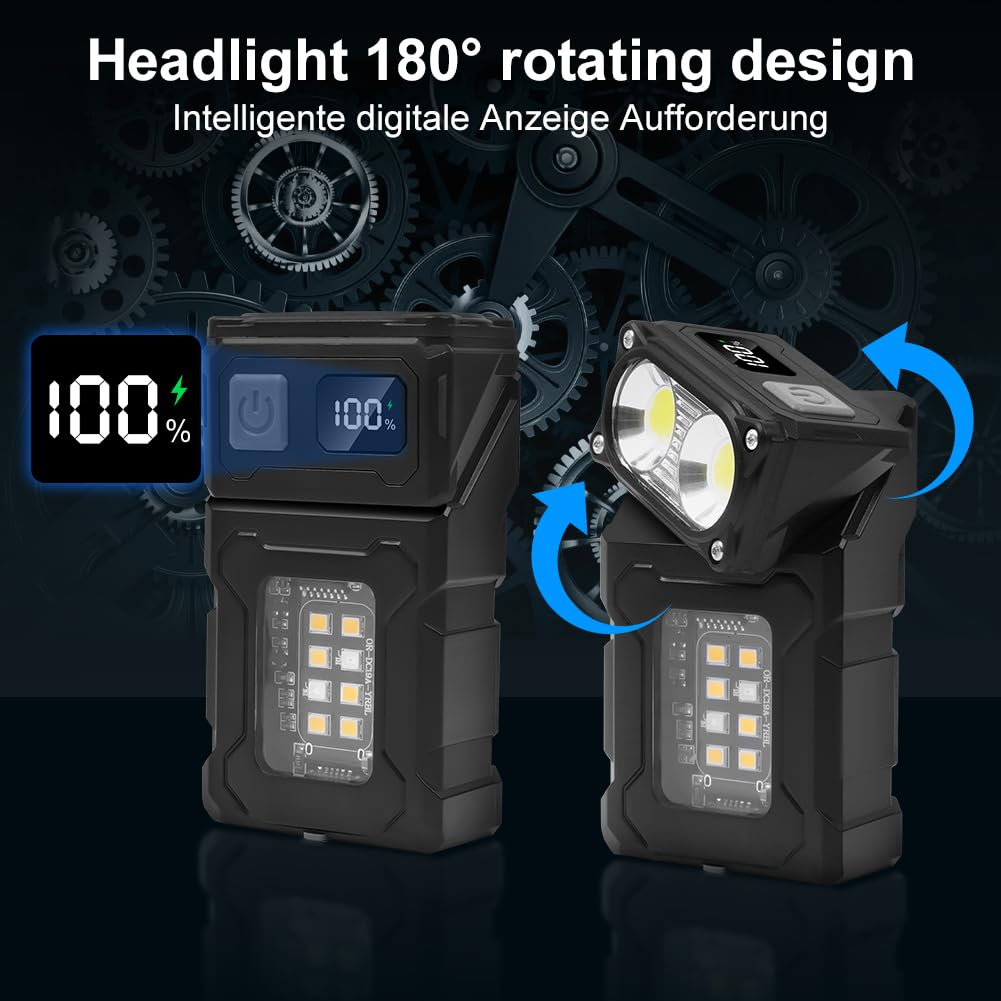 Das Bild zeigt einen schwarzen Scheinwerfer mit drehbarem Design. Es zeigt den Batteriestand an und hat eine digitale Anzeige. Im Hintergrund sind Zahnräder zu sehen.