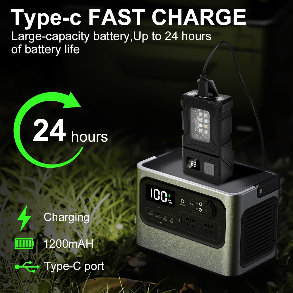 Das Bild zeigt eine schwarze Powerbank, die eine graue Powerstation auflädt. Text hebt schnelles Laden, 24 Stunden Akkulaufzeit und 1200mAh Kapazität hervor.