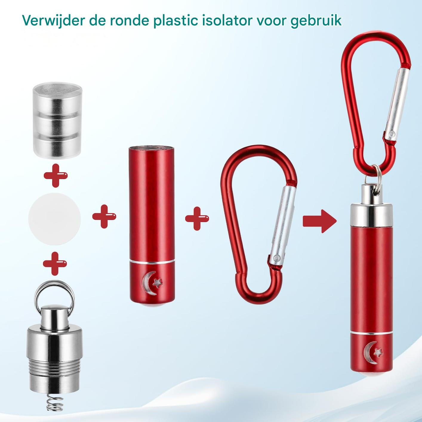 Das Bild zeigt zerlegte Teile einer roten und silbernen Taschenlampe. Ein roter Karabiner, Zylinder und andere Komponenten werden angezeigt.