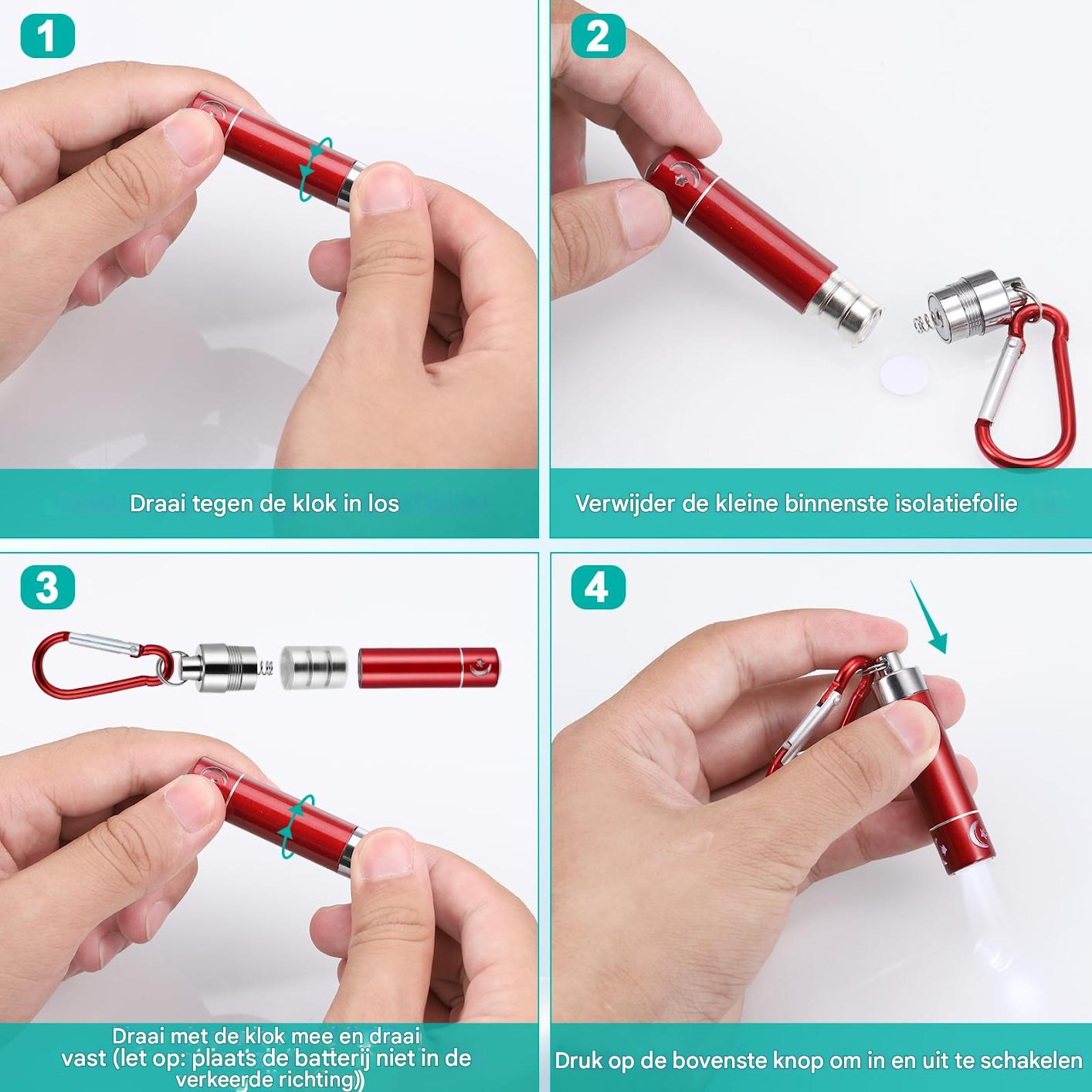 Anleitung für eine rote Taschenlampe. Schritte: Abschrauben, Folie entfernen, zusammensetzen, Knopf drücken. Text auf Niederländisch.