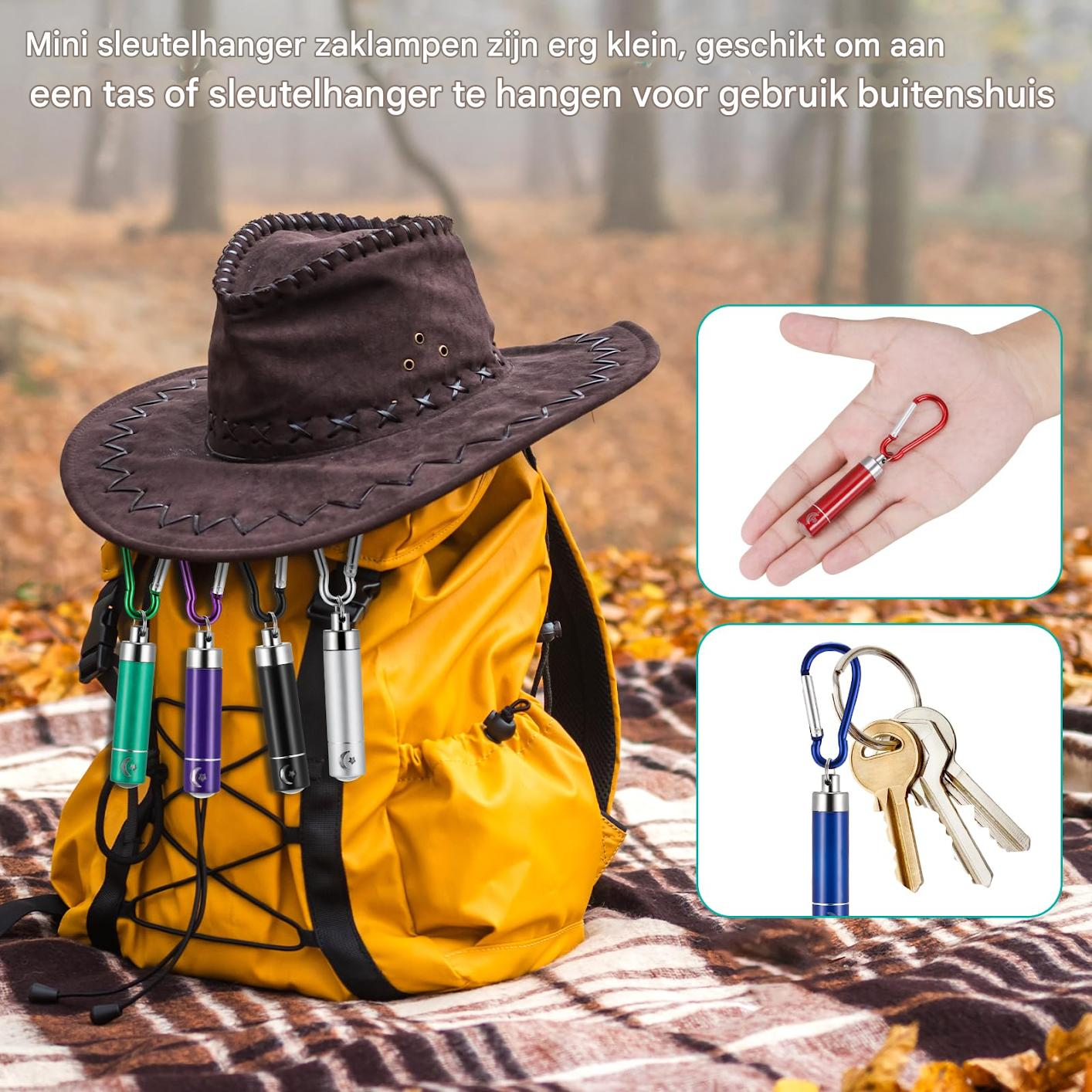 Ein gelber Rucksack mit braunem Hut. Mini-Taschenlampen hängen daran. Kleine Bilder zeigen eine Taschenlampe und Schlüssel.