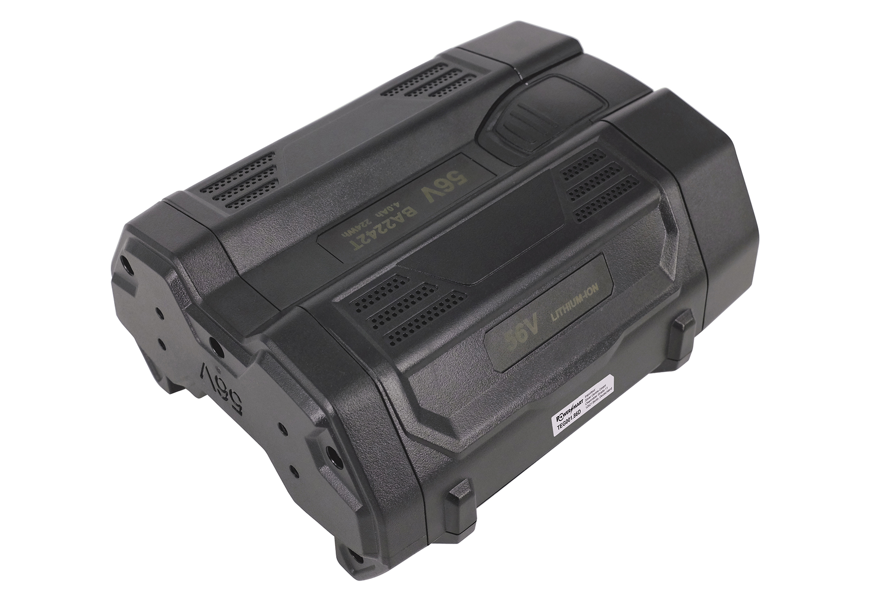 Ein schwarzer 56V Lithium-Ionen-Akku. Er hat Belüftungsöffnungen, Etiketten mit Texten wie '56V', 'BA2242T' und die Aufschrift 'LITHIUM-ION'.