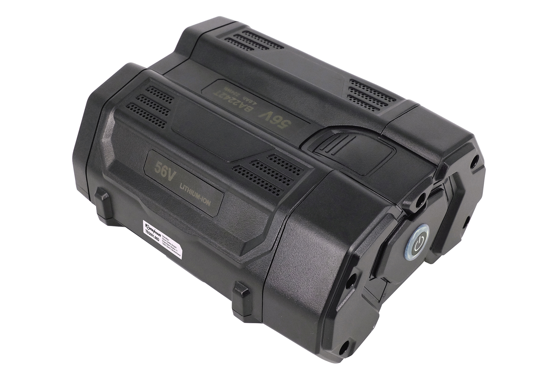 Ein schwarzes 56V Lithium-Ionen-Akkupack. Es hat einen Power-Knopf, Lüftungsschlitze und Etiketten mit Text wie '56V BA2242T'. Der Hintergrund ist weiß.