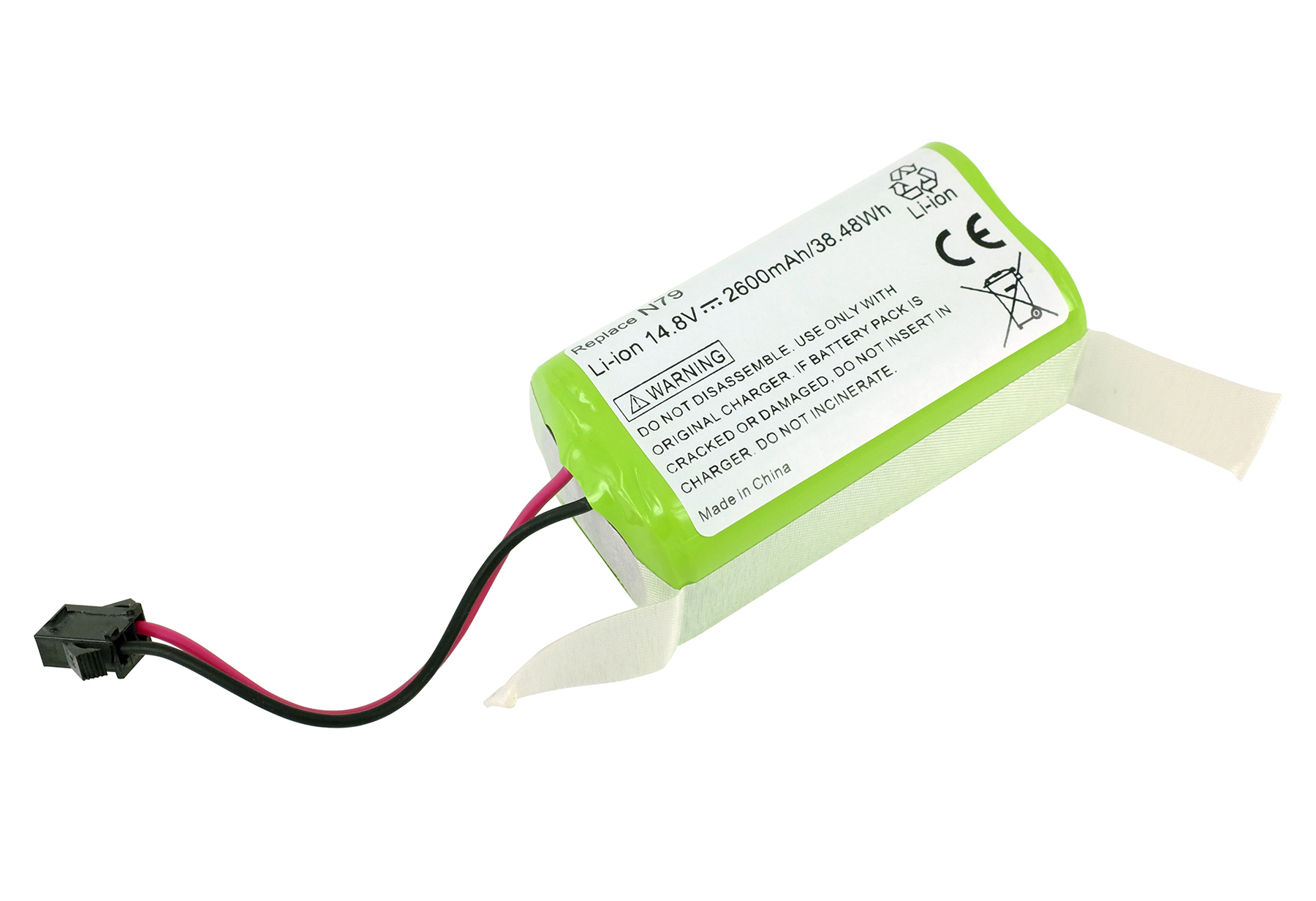 Ein grüner Li-Ionen-Akku mit Warnhinweis, schwarzen und roten Drähten und weißem Klebeband auf weißem Hintergrund.