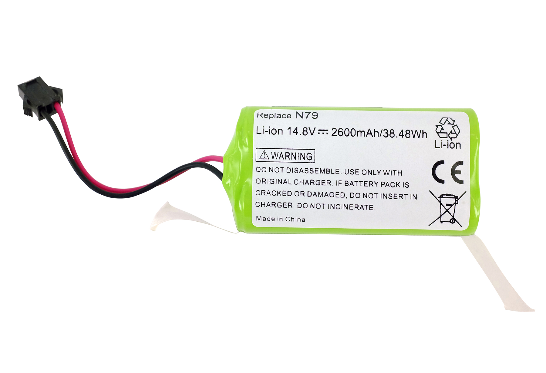 Ein grüner Li-Ionen-Akku mit angeschlossenen Drähten und einem schwarzen Stecker. Text enthält Warnungen und Spezifikationen.