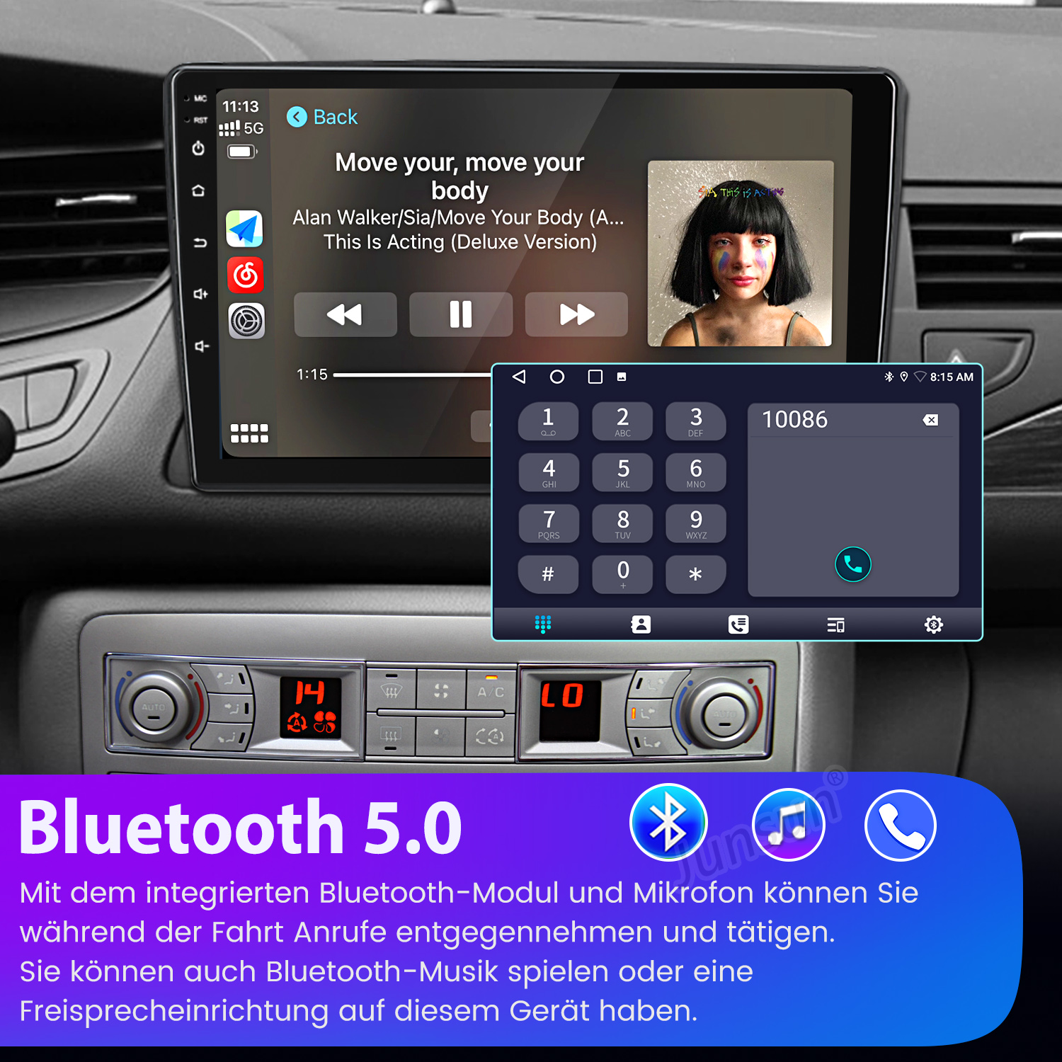 Autoradio mit Musikwiedergabe. Ein Telefontastenfeld ist geöffnet. Bluetooth 5.0 wird vorgestellt. Ein Frauenporträt wird gezeigt.