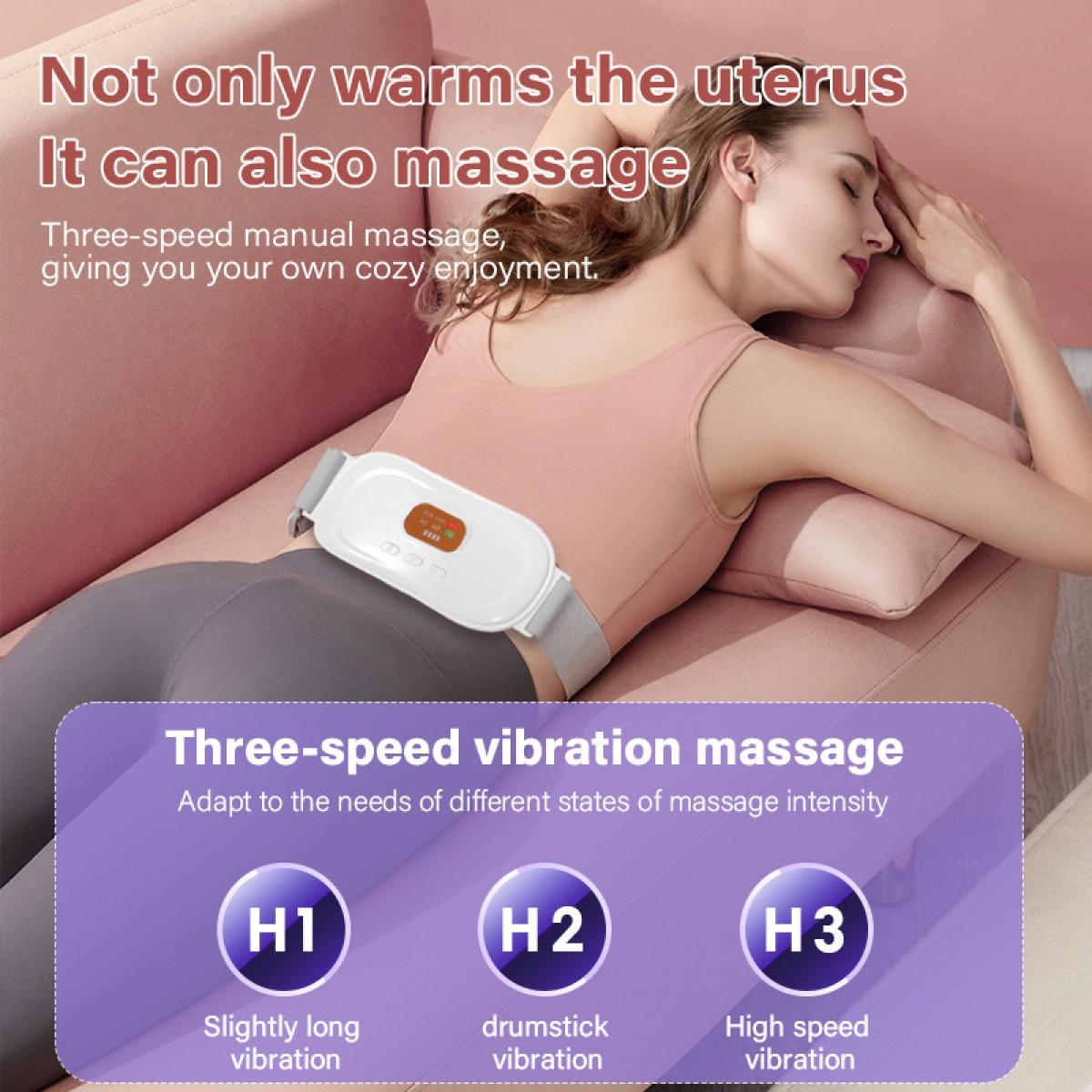 Eine Frau entspannt sich mit einem Massagegerät auf dem Bauch. Text beschreibt die Wärme- und Massagefunktionen des Geräts.