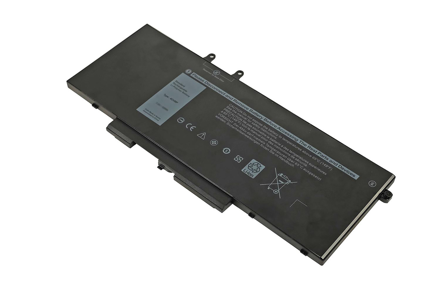 Ein schwarzer Laptop-Akku mit Warnhinweisen und Text. Der Akku ist rechteckig und hat Anschlüsse. Der Hintergrund ist weiß.