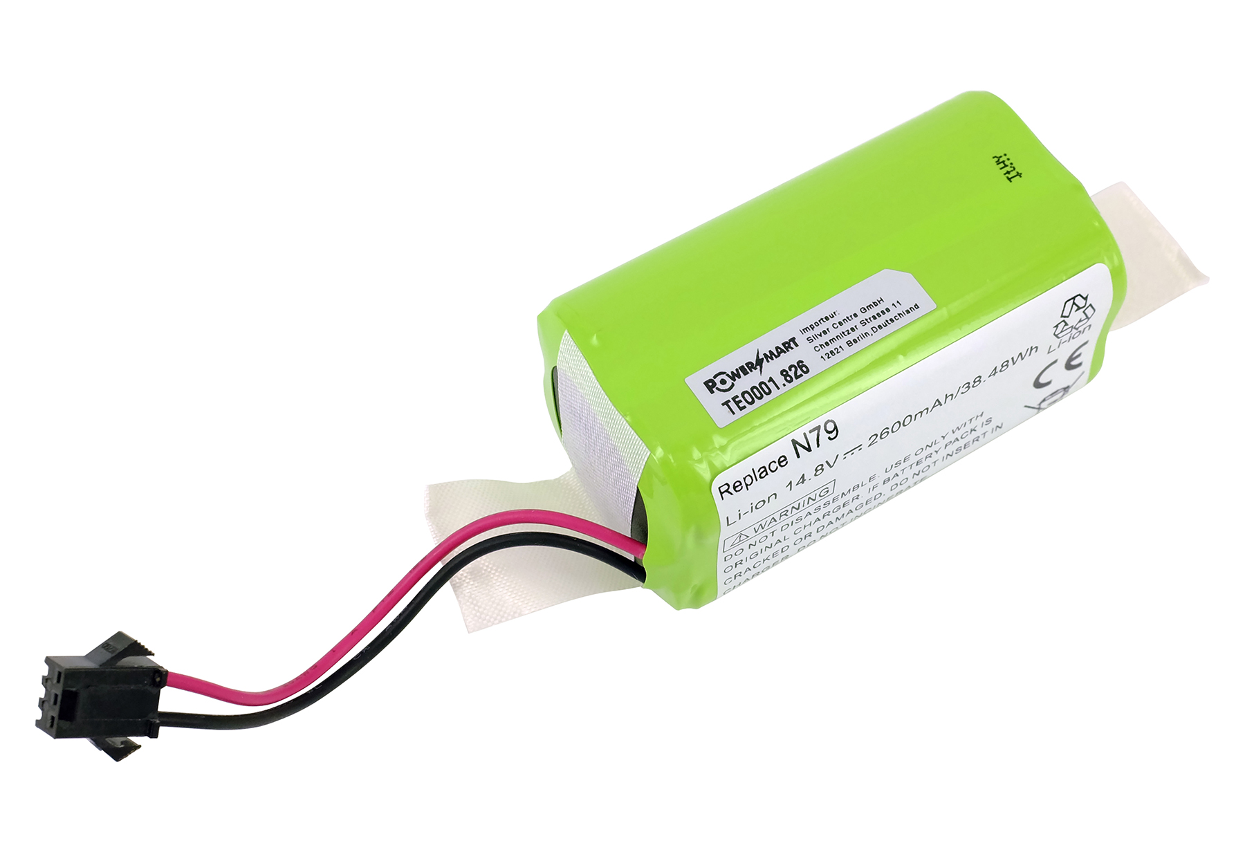 Eine grüne Batterie mit schwarzen und roten Drähten und einem schwarzen Stecker. Sie hat ein Etikett mit Text und Warnungen.