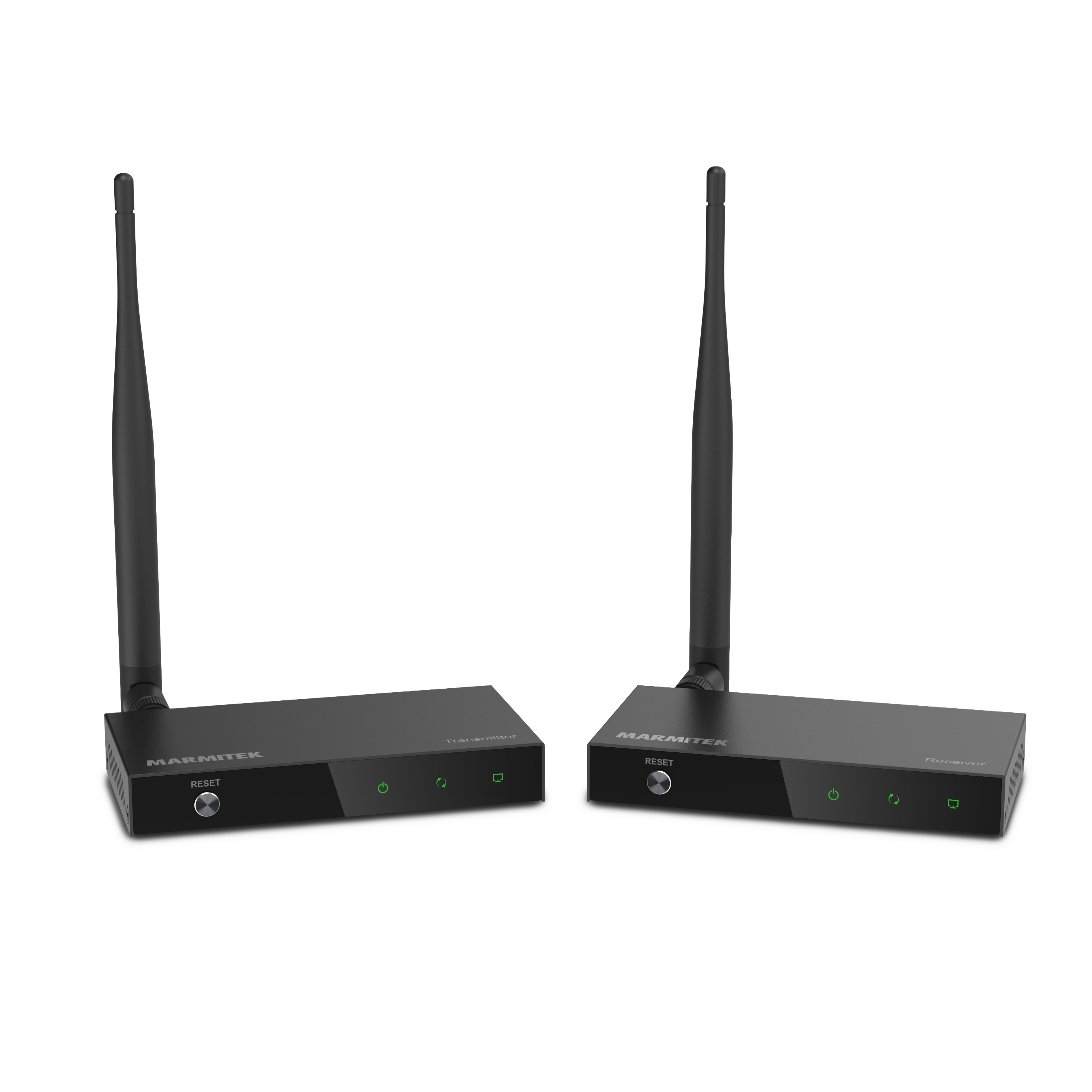 Deux appareils Marmitek noirs avec antennes. Un étiqueté 'Transmetteur', l'autre 'Récepteur'.