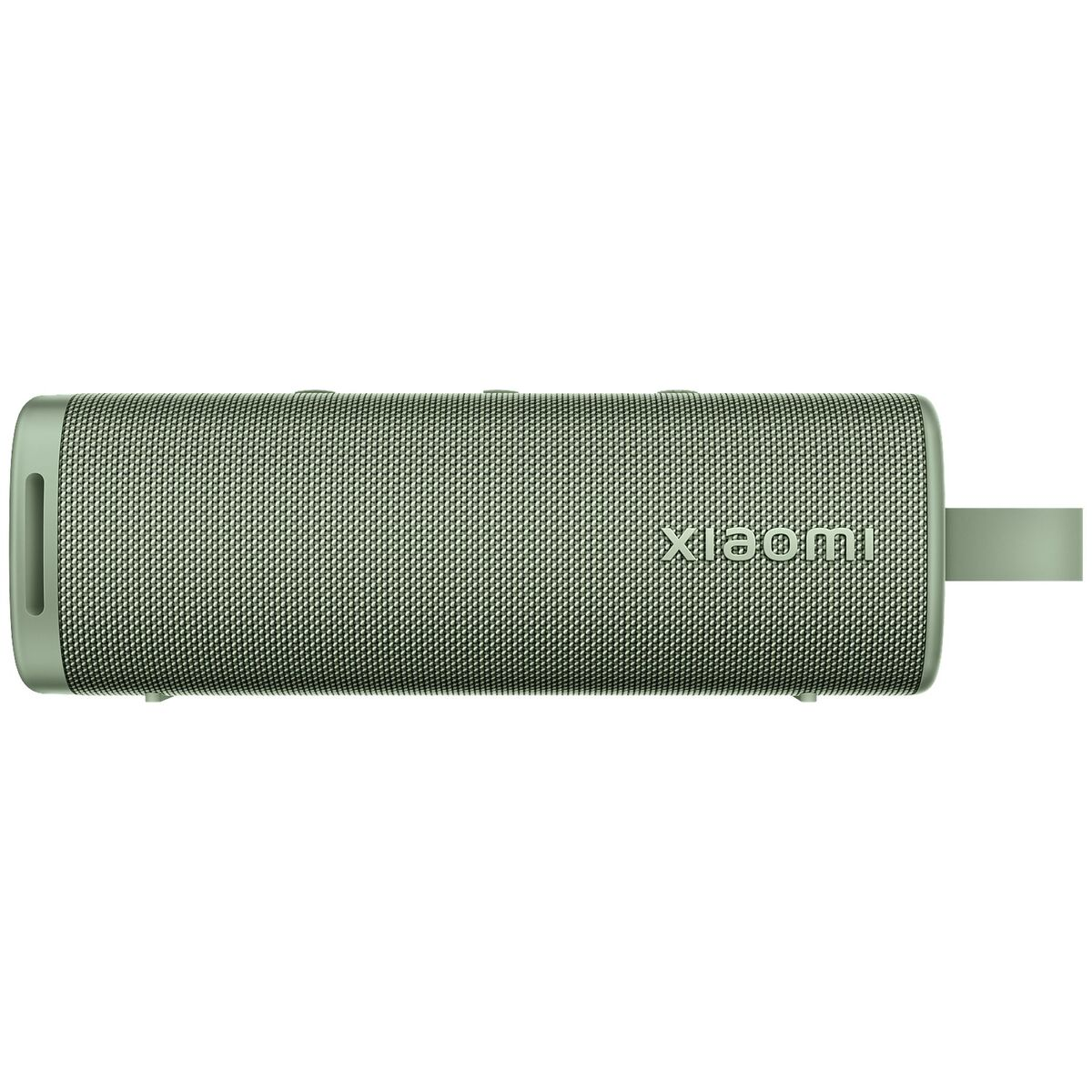 Ein grüner Xiaomi-Lautsprecher, zylindrische Form, mit stoffähnlicher Textur. Er hat einen Griff. Xiaomi-Logo.