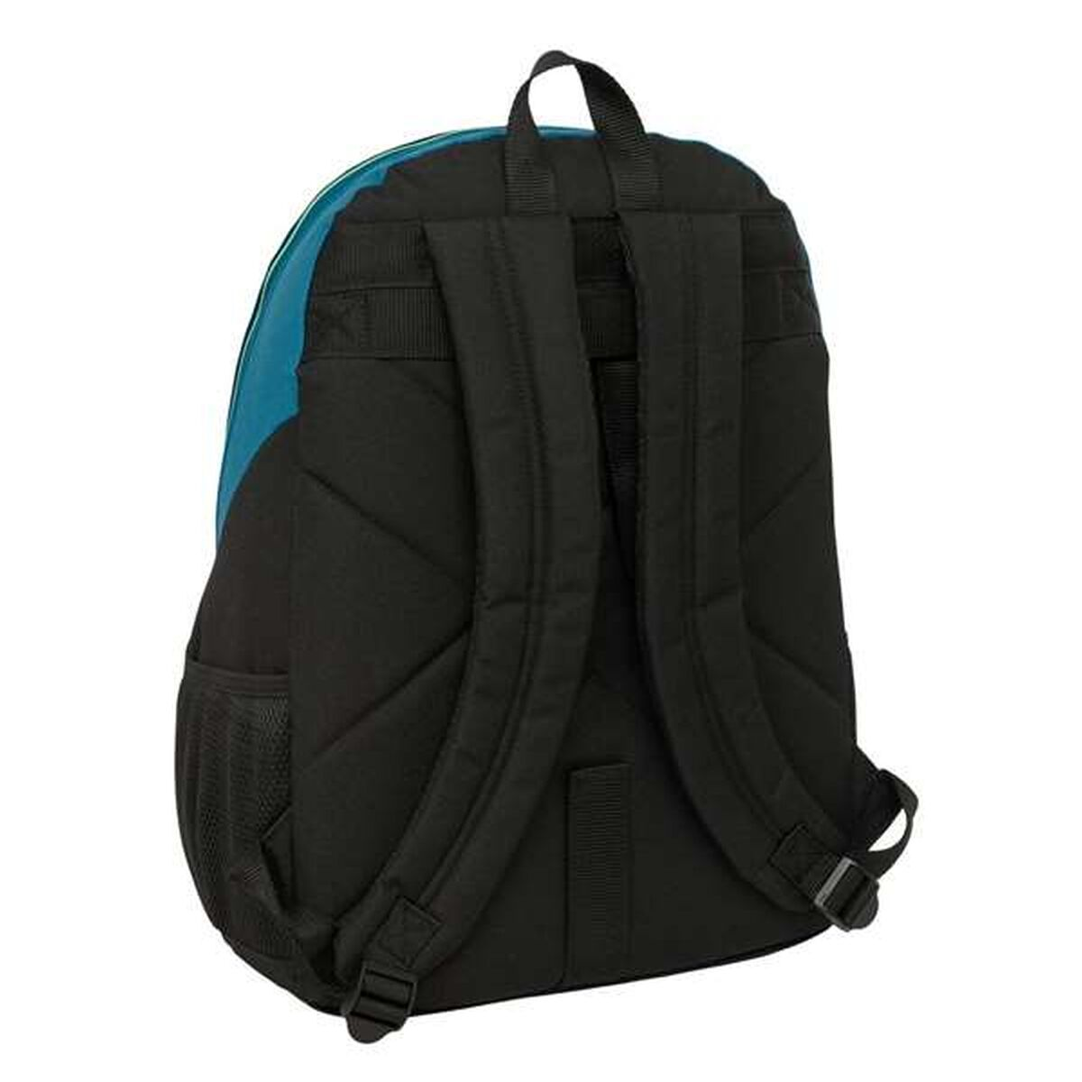 Schwarzer Rucksack mit blauem Oberteil. Träger und Griff sind schwarz. Hat eine Seitentasche. Rucksack vor weißem Hintergrund.