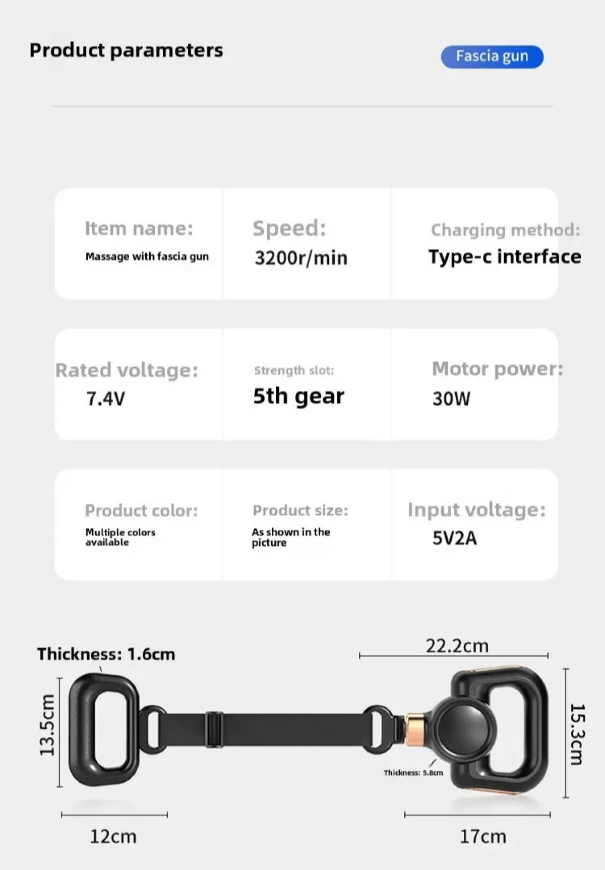 Diagramm einer Faszienpistole mit Abmessungen, Spannung, Geschwindigkeit und anderen Spezifikationen. Enthält ein Produktdiagramm.