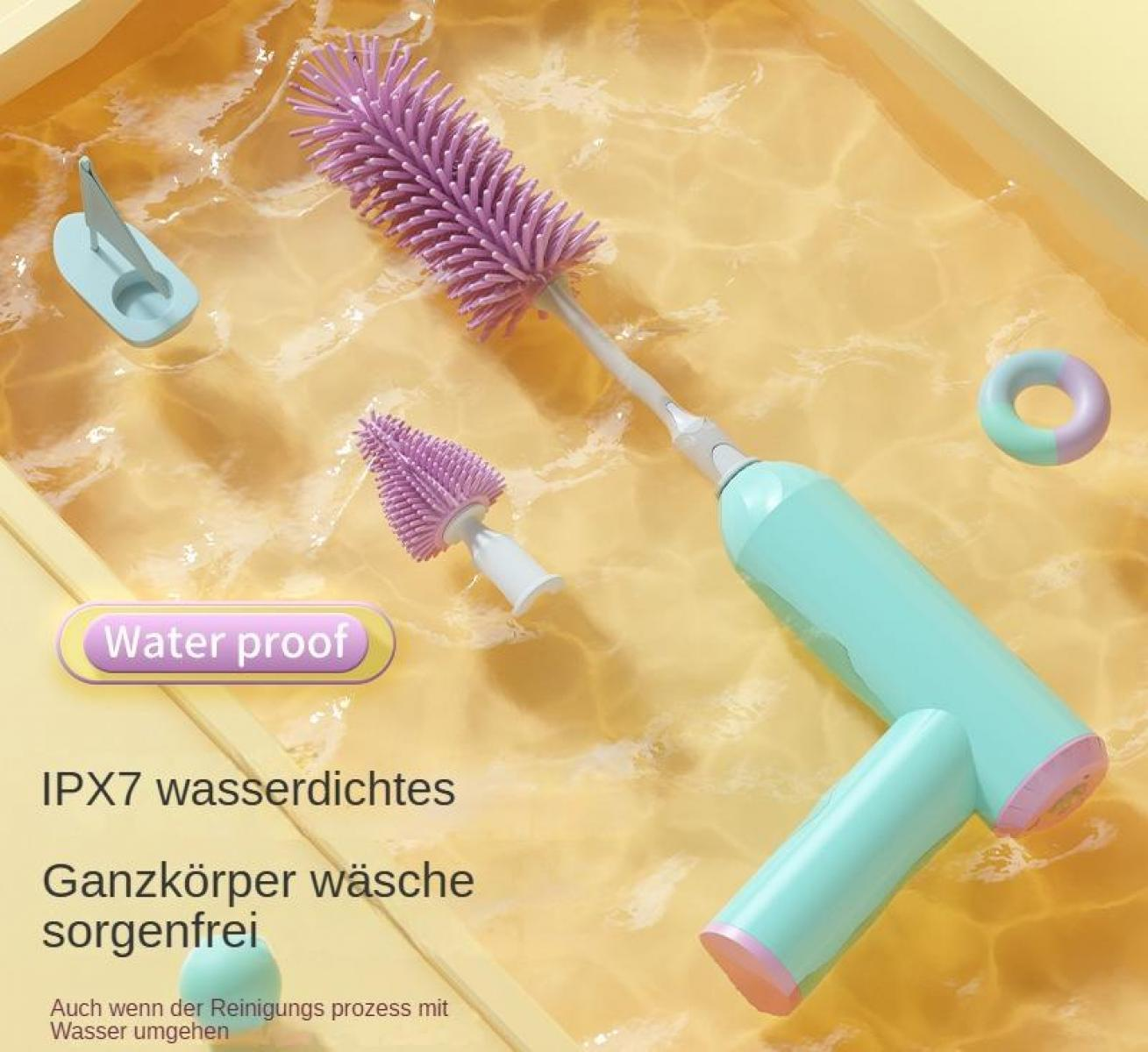 Ein mintgrünes Reinigungsgerät mit lilafarbenen Bürsten und einem wasserartigen Hintergrund. Text lautet 'wasserdicht'.