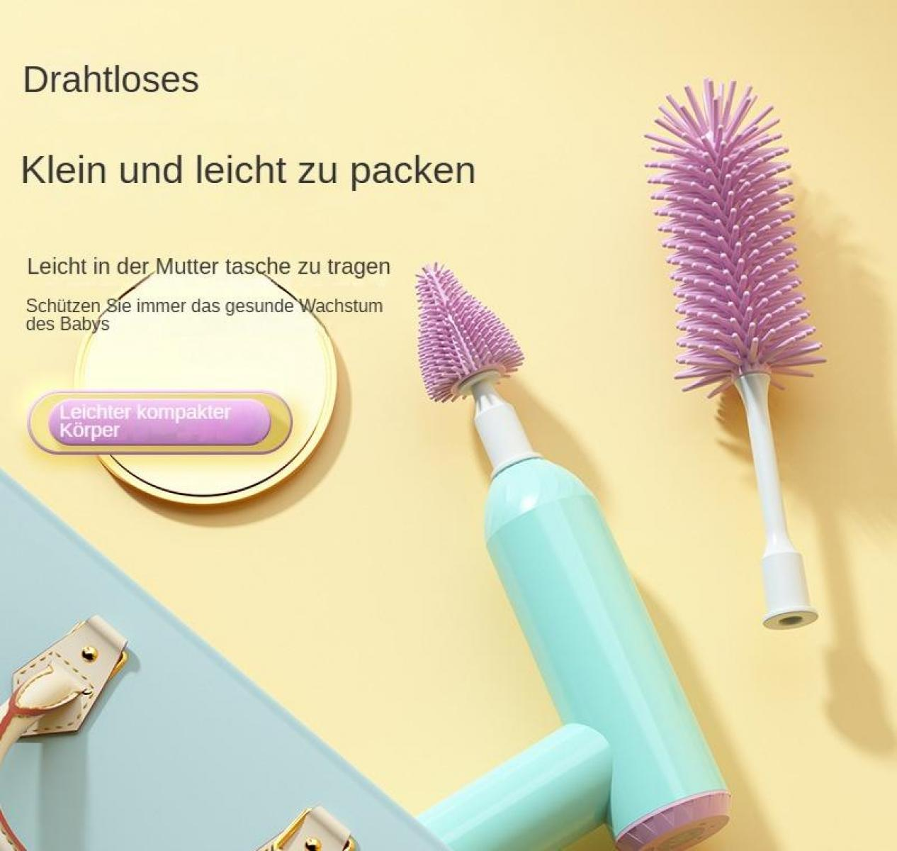 Das Bild zeigt Babyflaschenbürsten. Eine ist montiert, die andere zerlegt. Der Text beschreibt sie als leicht und einfach zu verpacken.