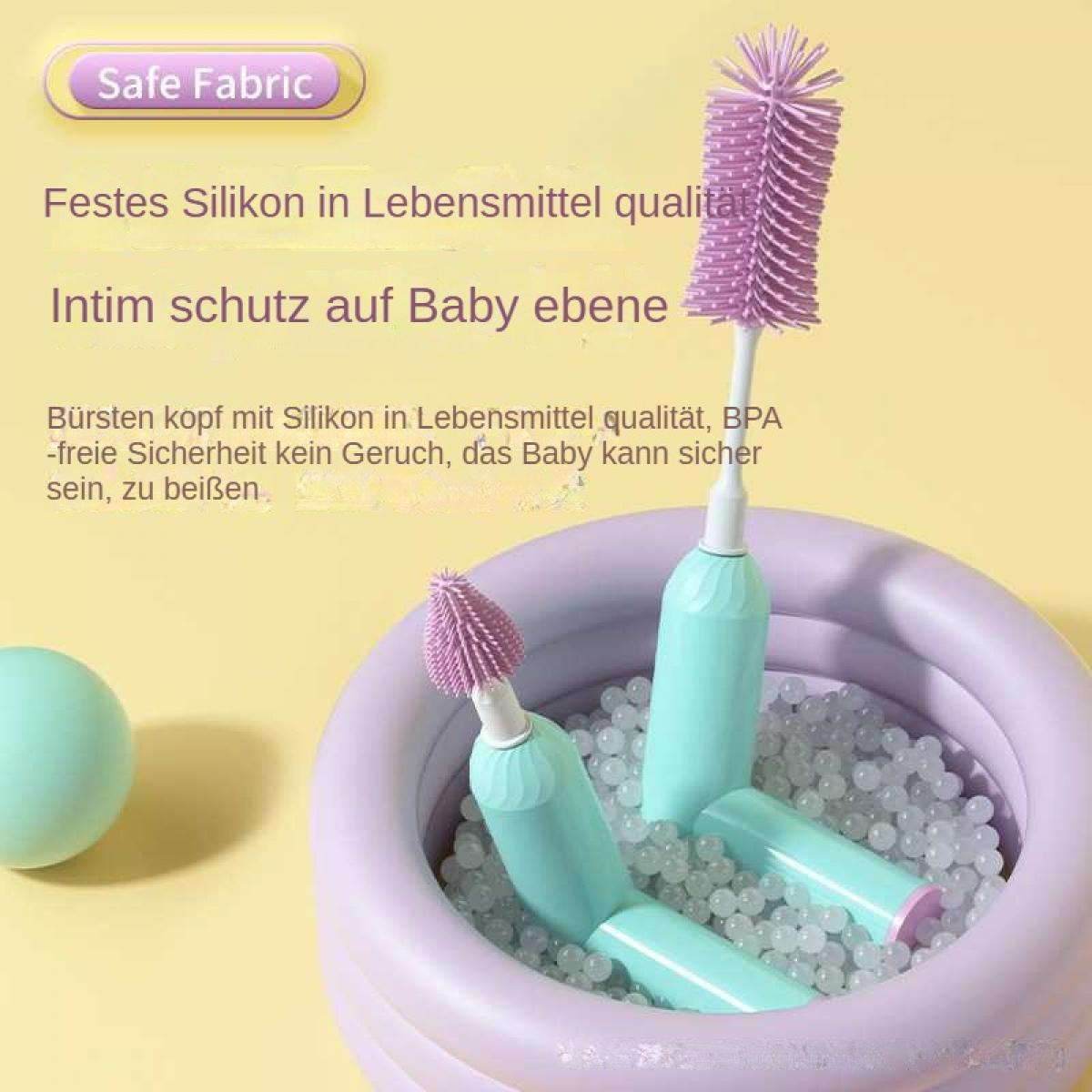 Ein Babyflaschenbürsten-Set in einem lila Pool mit weißen Perlen. Die Bürsten sind hellblau und lila.