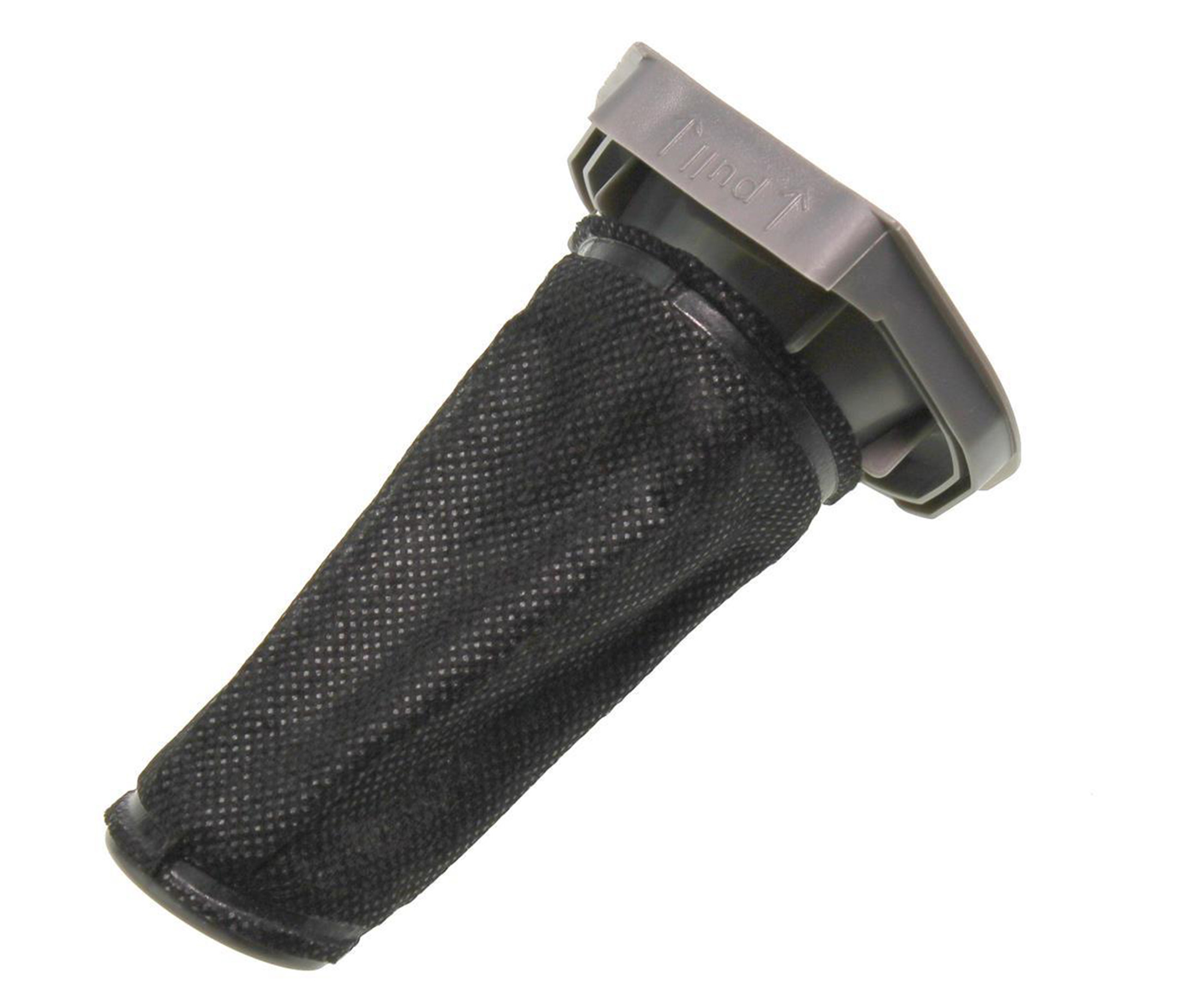 Schwarzer Staubsaugerfilter. Graue Kunststoffoberseite mit "Pull"-Pfeil. Weißer Hintergrund.