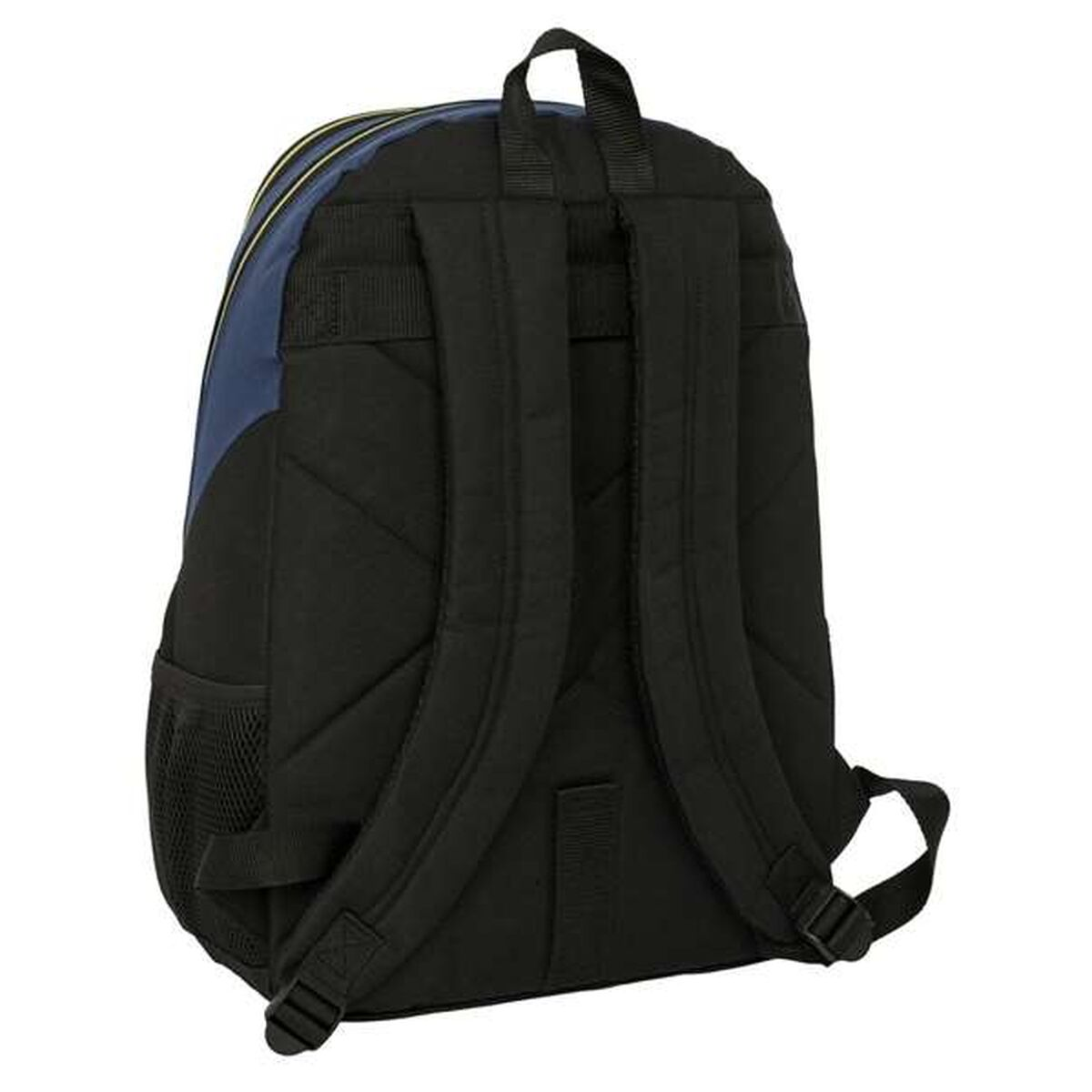 Ein schwarzer Rucksack mit blauen und gelben Akzenten. Er hat zwei Schultergurte, einen oberen Griff und eine seitliche Netztasche.
