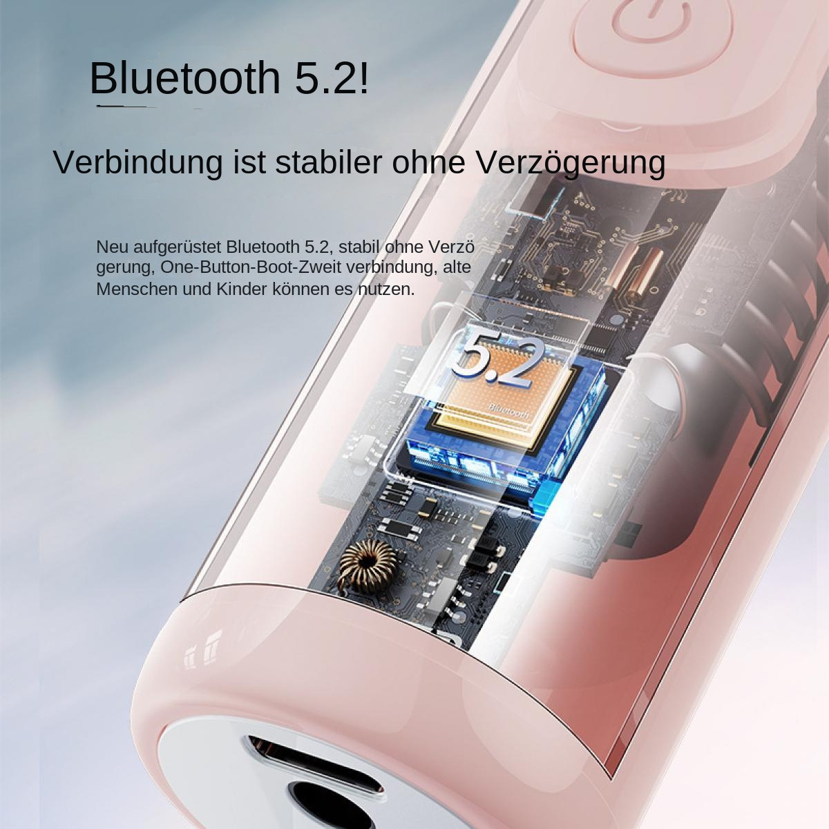 Nahaufnahme eines rosafarbenen Geräts mit Bluetooth 5.2 Komponenten. Text hebt stabile Verbindung hervor. Das Gerät hat einen Power-Knopf.