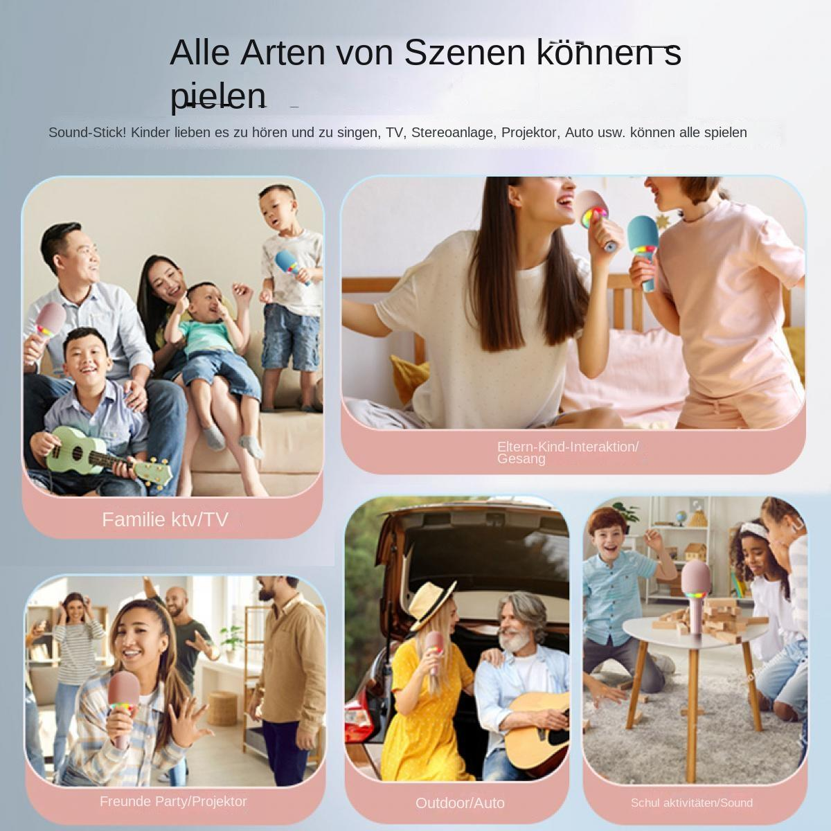 Das Bild zeigt verschiedene Szenarien von Menschen, die Mikrofone benutzen. Szenen umfassen Familie, Eltern-Kind-Interaktion, Freunde, im Freien und Schulaktivitäten.