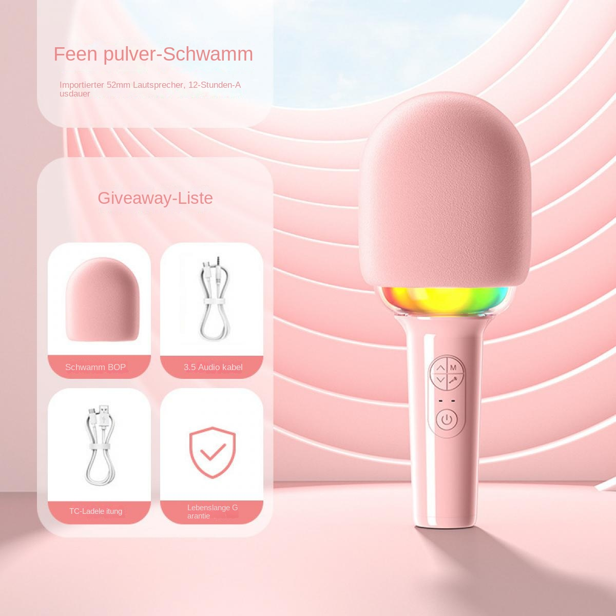 Ein rosa Mikrofon mit farbenfroher Basis, rosa Schwammaufsatz und Zubehör. Textbeschriftungen beschreiben die Funktionen.