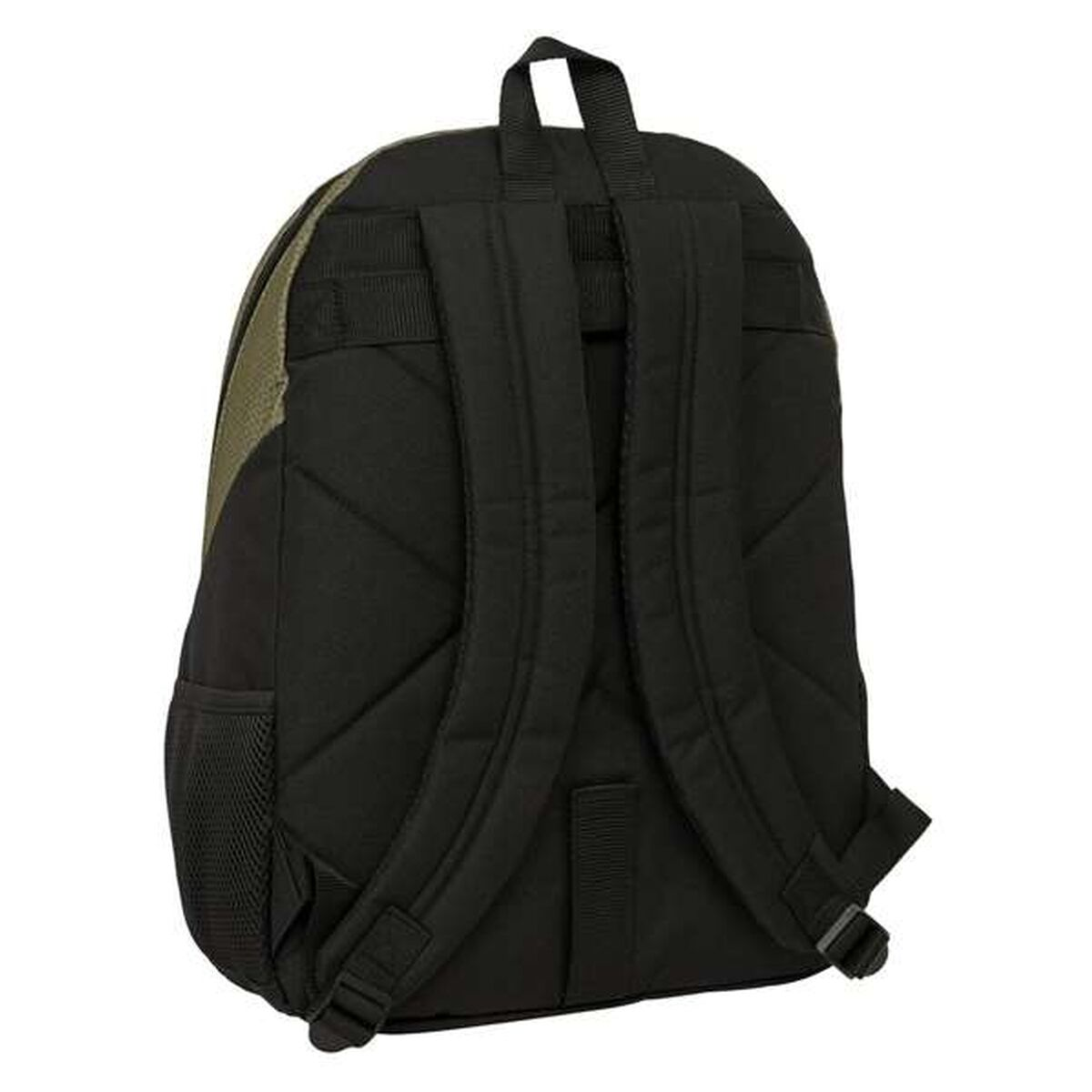 Schwarzer Rucksack mit grünen Akzenten. Mit zwei Schultergurten, einem Griff und einer Netztasche. Der Rucksack steht vor weißem Hintergrund.