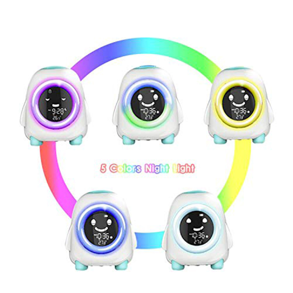 Fünf pinguinförmige Nachtlichter mit Digitalanzeigen und farbwechselnden Ringen. Text: '5 Colors Night Light'.