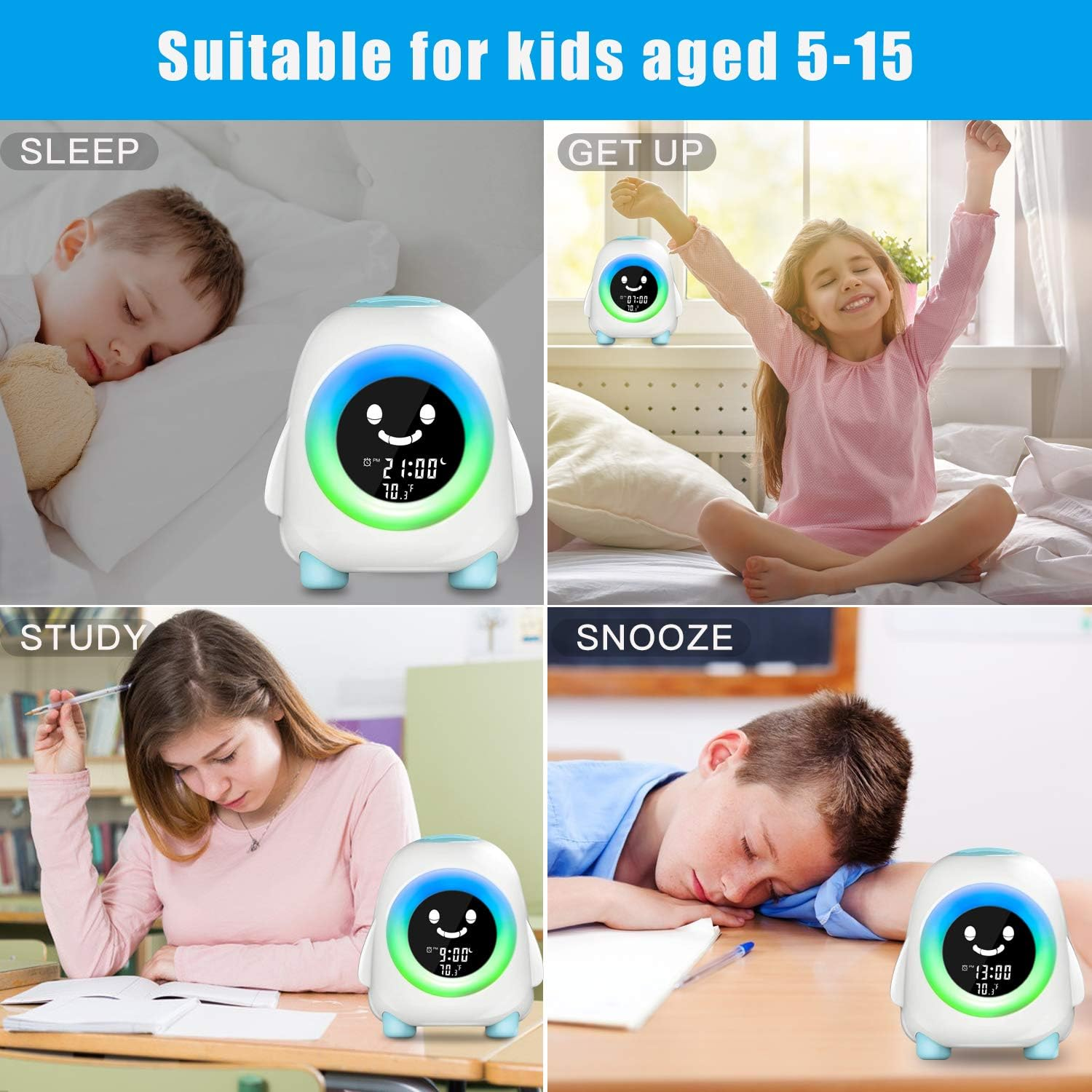 Das Bild zeigt einen Kinderwecker in 4 verschiedenen Situationen: Schlaf, Aufstehen, Lernen und Schlummern. Kinder im Alter von 5-15 Jahren sind im Bild.