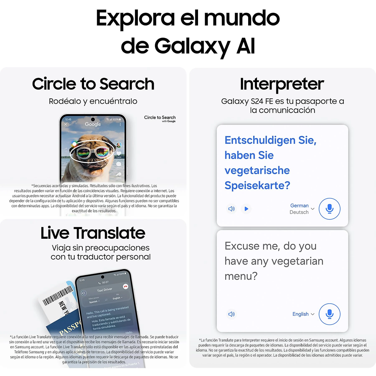Obrazek przedstawia aplikacje telefoniczne z funkcjami tłumaczenia i wyszukiwania oraz tytuł 'Explora el mundo de Galaxy AI'.