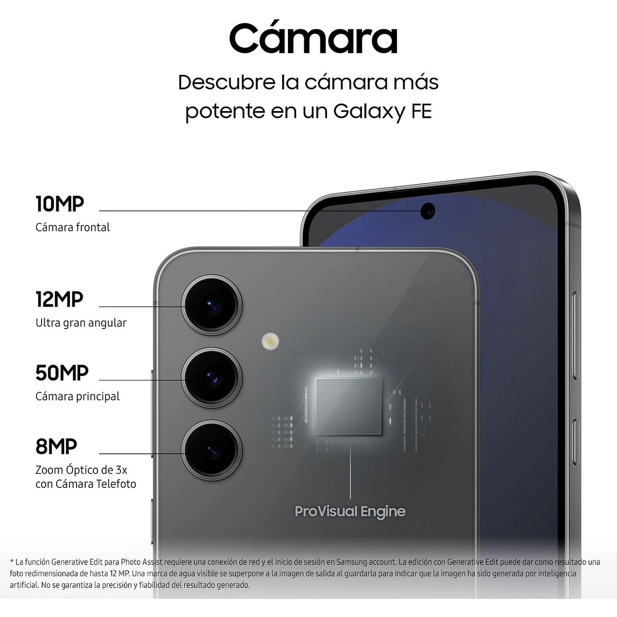 Obraz przedstawia smartfon z opisem aparatu. Podkreśla funkcje, takie jak przedni aparat 10MP, ultraszerokokątny 12MP i główny aparat 50MP.