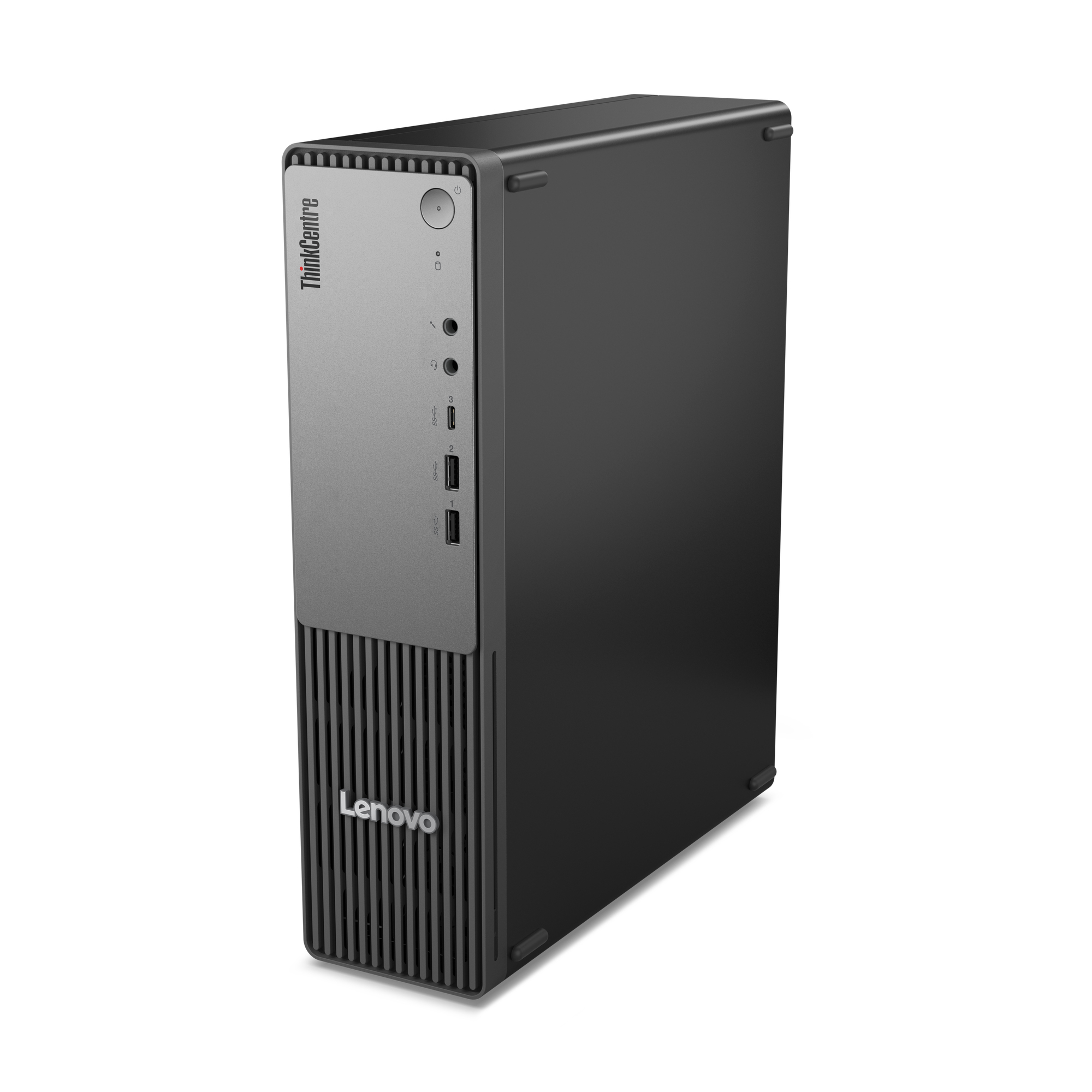 Komputer stacjonarny Lenovo ThinkCentre. Jest czarno-szary z logo Lenovo na dole i ThinkCentre na górze.