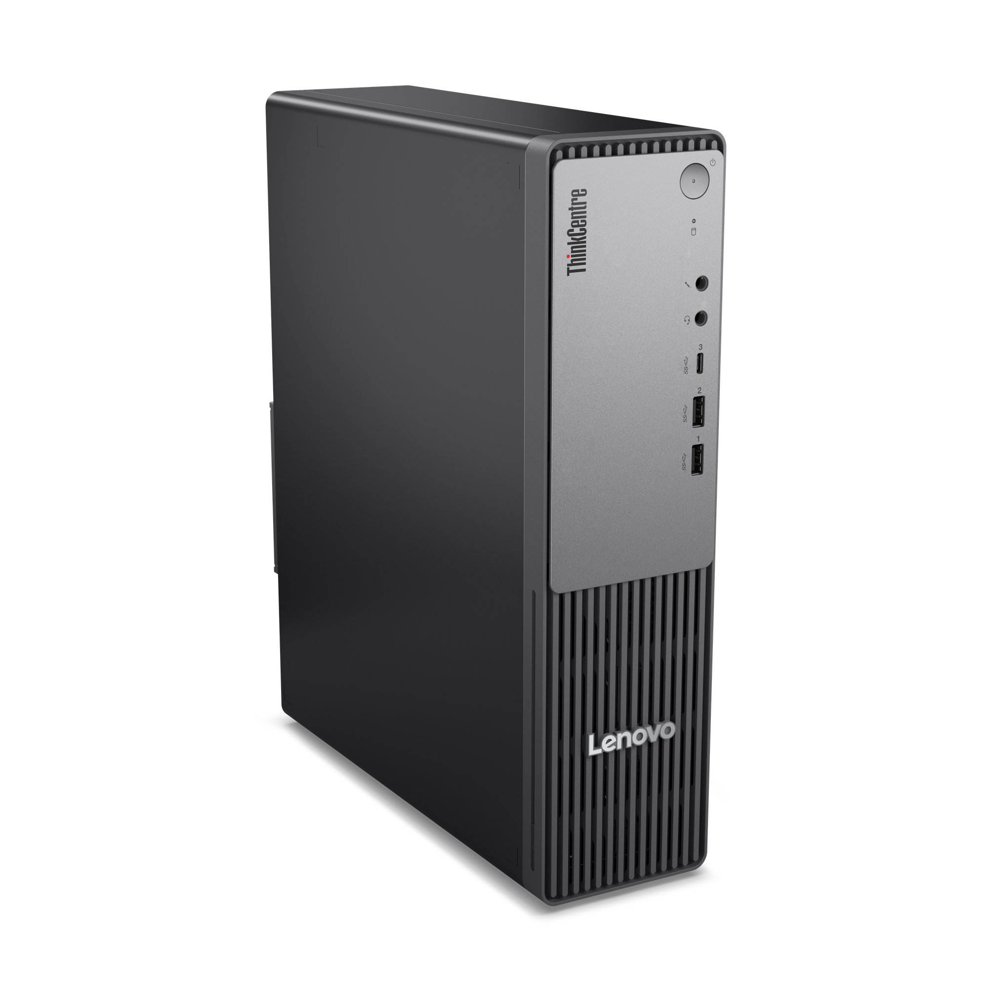 Komputer stacjonarny Lenovo ThinkCentre, czarny i szary, na białym tle. Widoczne logo Lenovo.