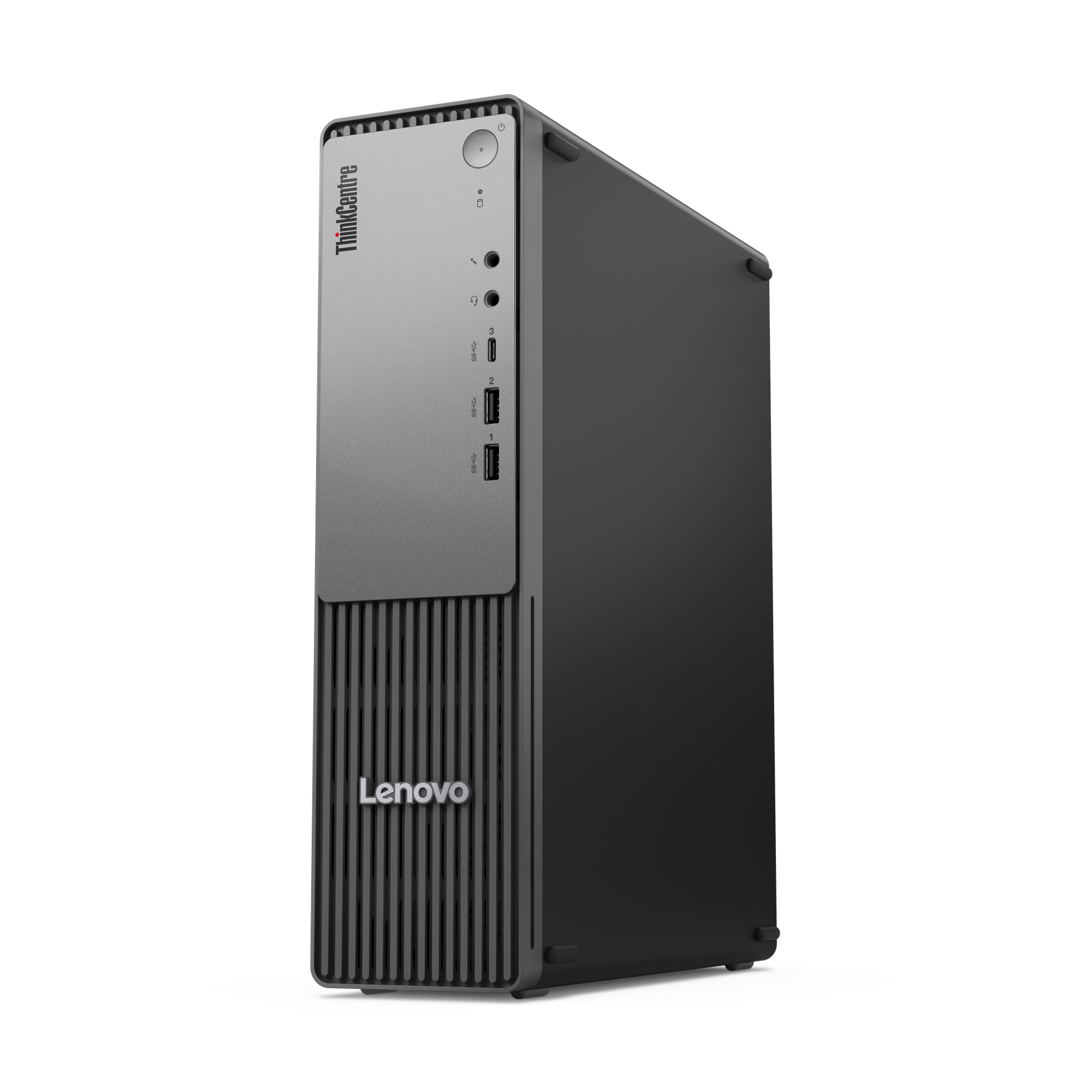 Komputer stacjonarny Lenovo ThinkCentre. Jest czarny i szary z logo Lenovo na dole.