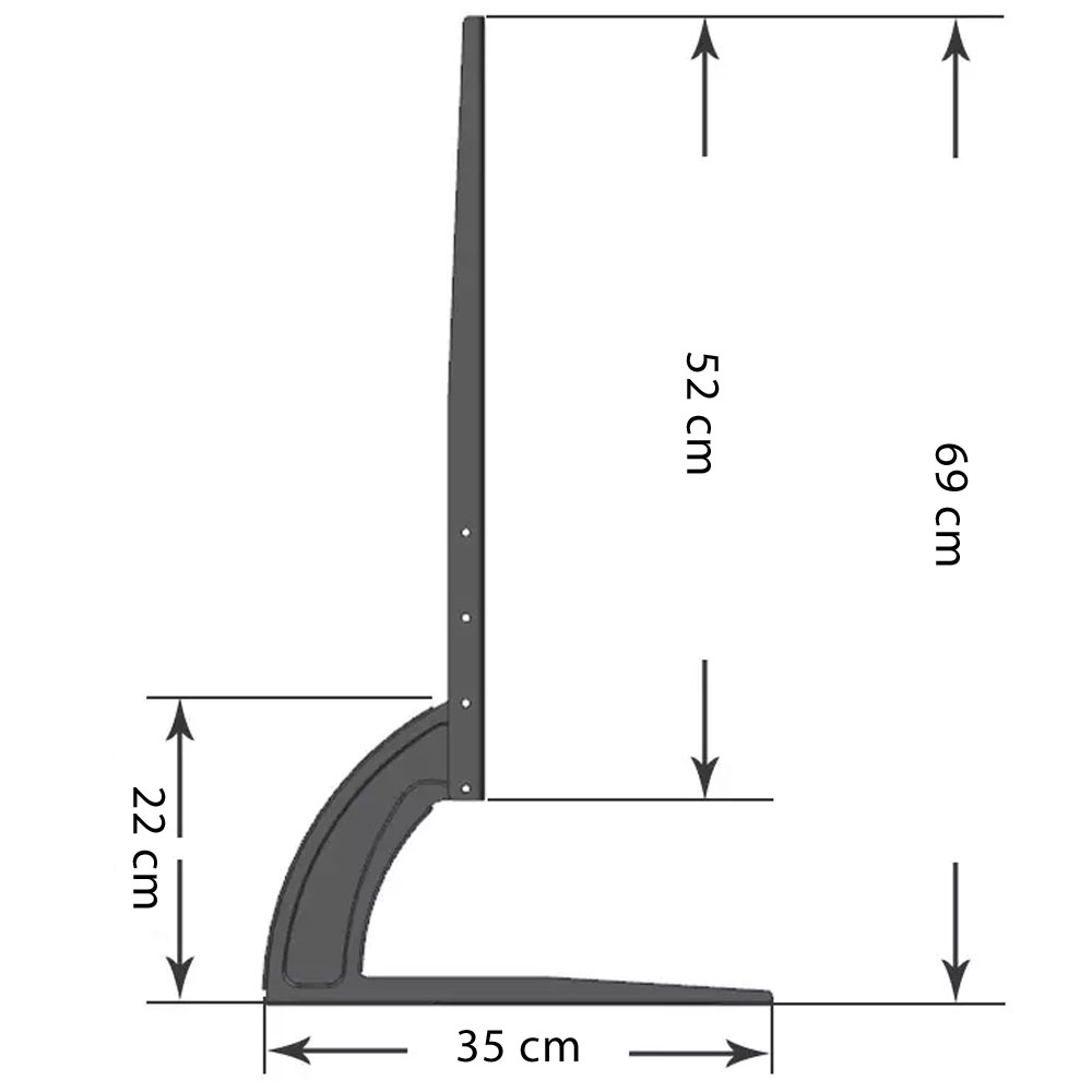 Szary stojak z wymiarami: 22 cm, 35 cm, 52 cm i 69 cm. Strzałki wskazują pomiary.