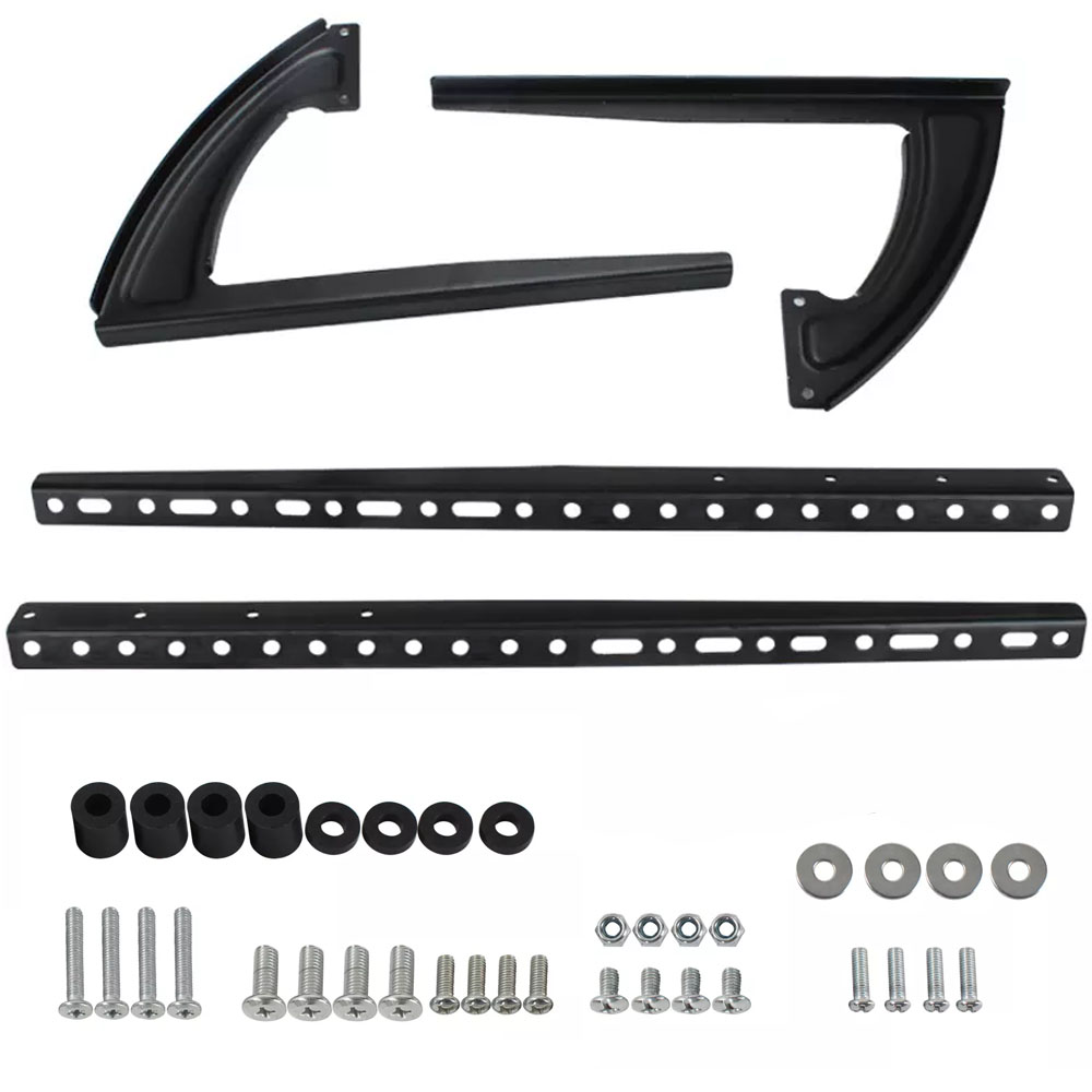 Czarne elementy uchwytu TV: wsporniki, szyny, śruby, podkładki i nakrętki na białym tle.