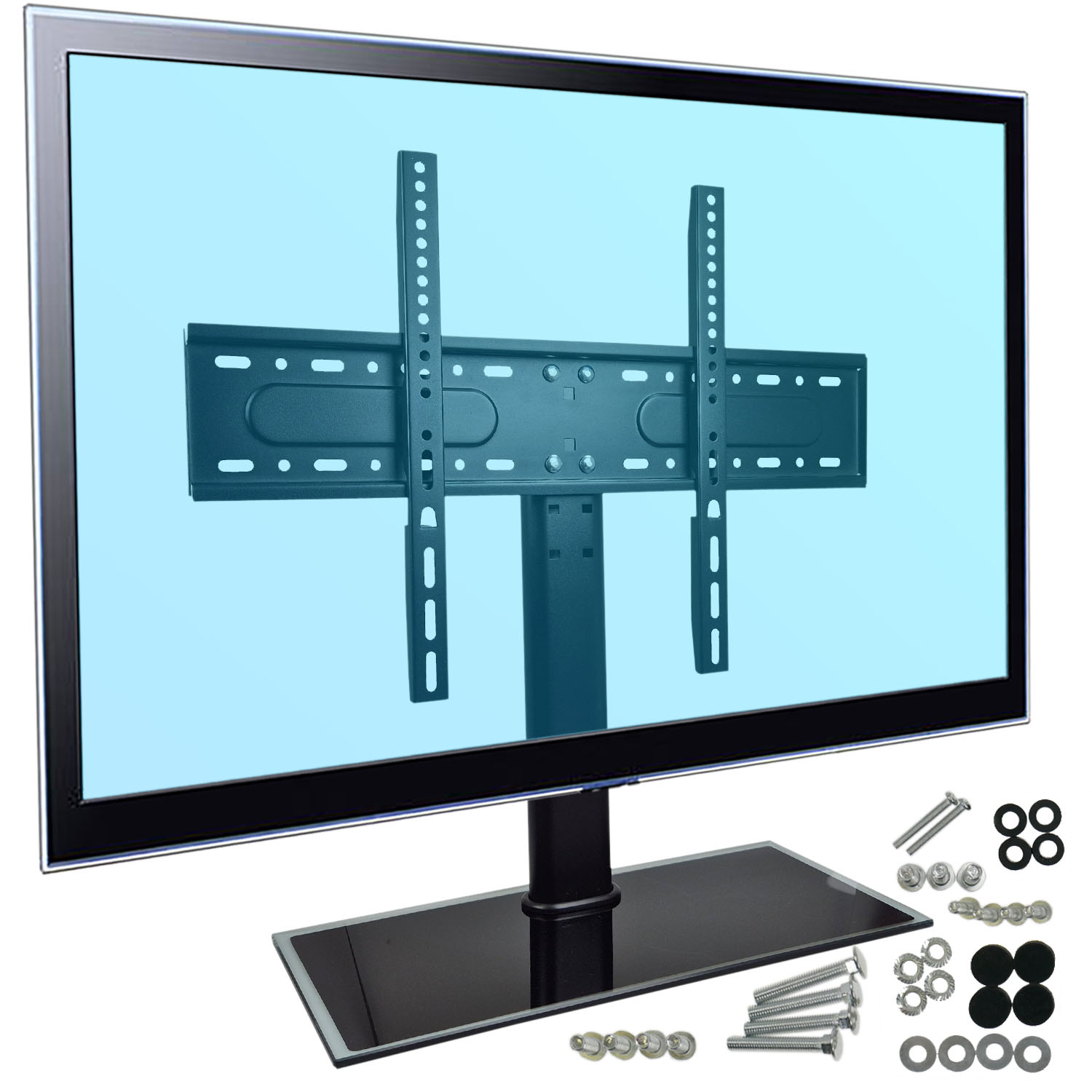 Stojak pod telewizor z czarną podstawą, ramą i wspornikiem montażowym. Sprzęt, w tym śruby i podkładki, jest rozrzucony pod ekranem.