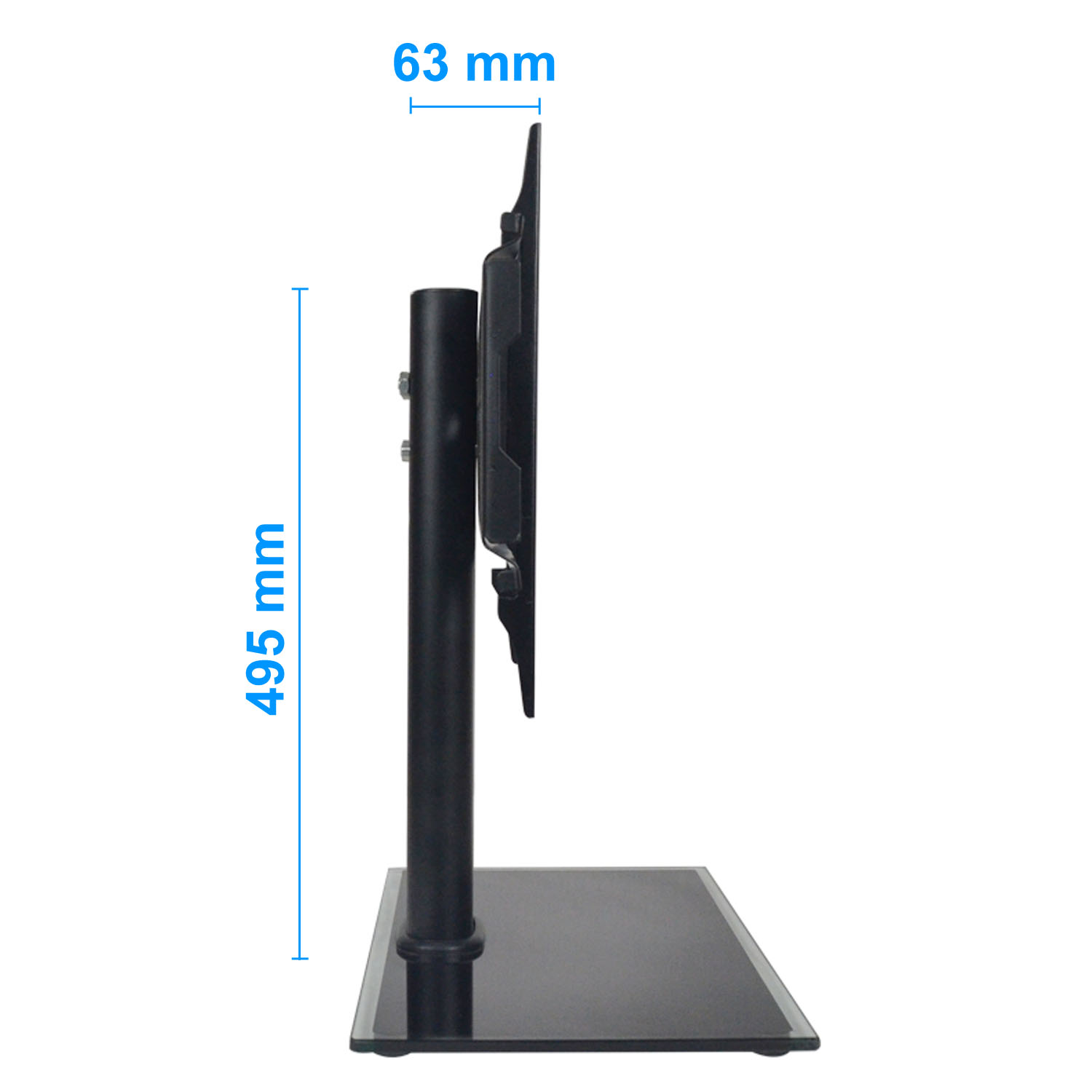 Widok z boku czarnego stojaka pod telewizor. Ma podstawę, pionowy słupek i wspornik do trzymania telewizora. Podano wymiary.
