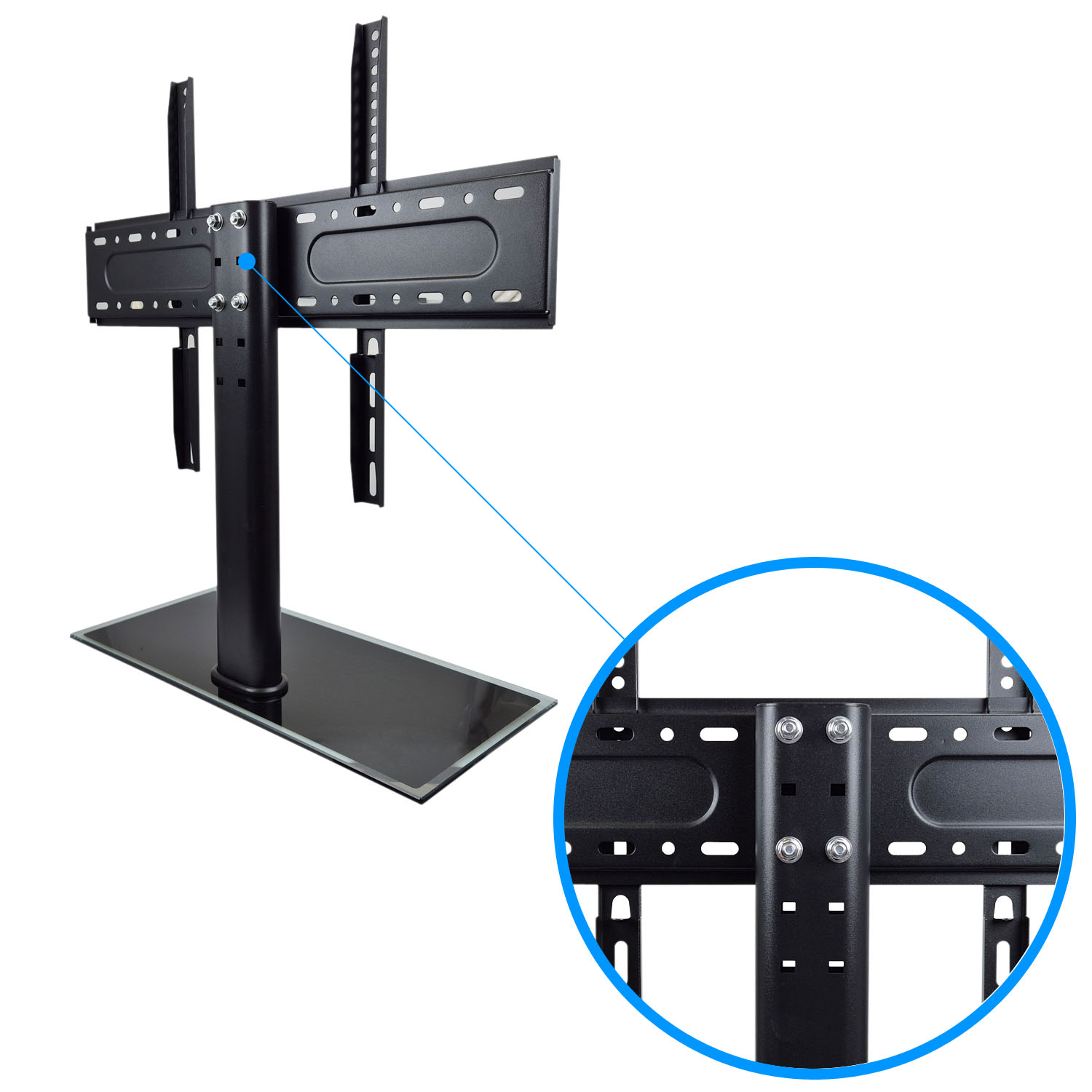 Czarny stojak pod telewizor z prostokątną podstawą i pionowym wspornikiem. Ma uchwyt do telewizora i zbliżenie.