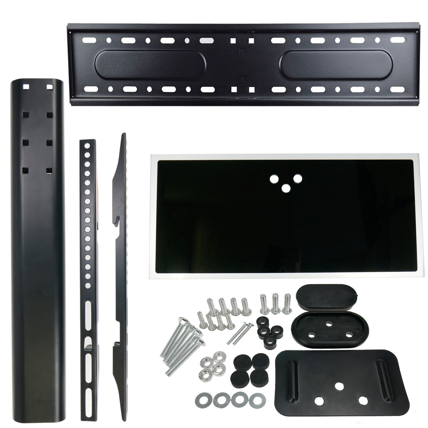 Czarne elementy montażowe do telewizora na białym tle. Zawiera wsporniki, płyty, śruby, podkładki i podkładki. Czarny ekran w środku.