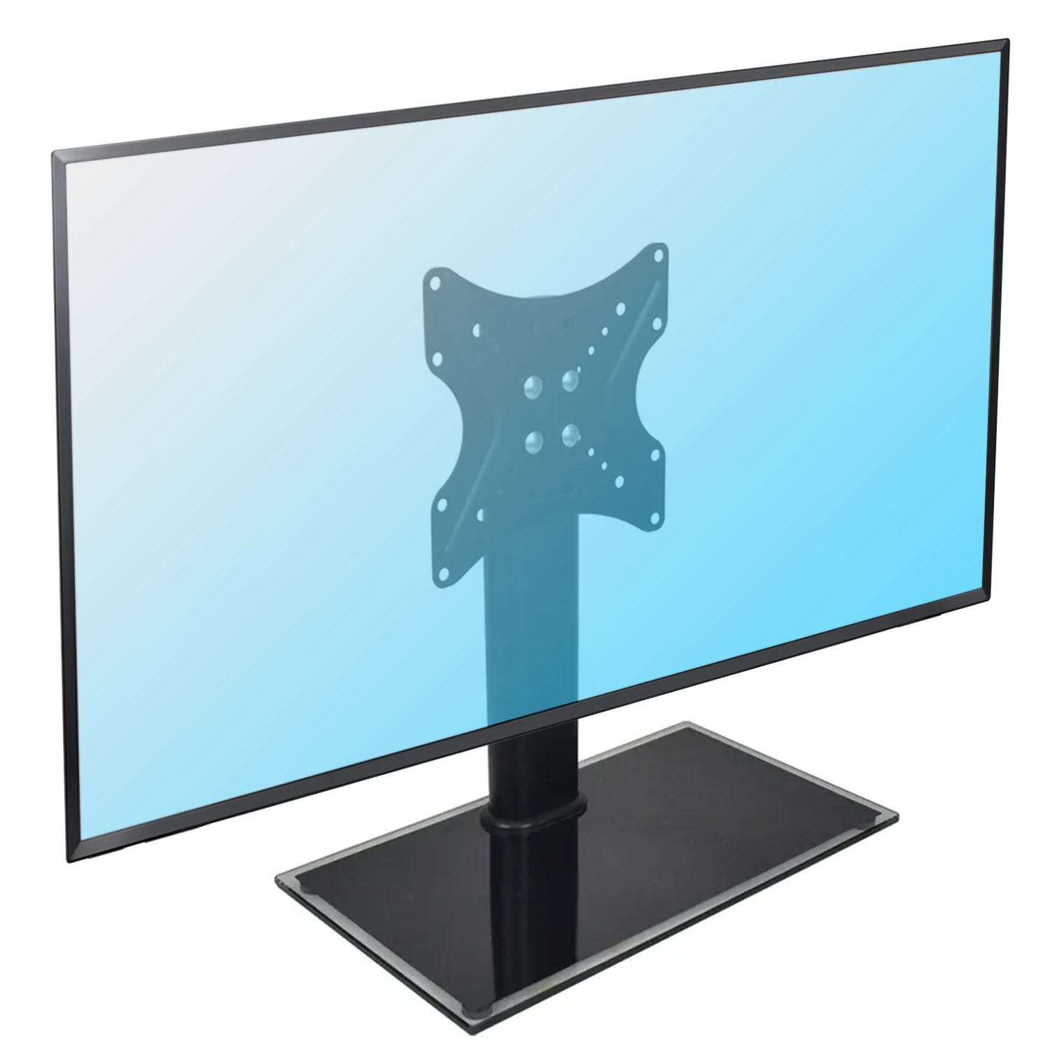 Telewizor z płaskim ekranem na czarnym stojaku. Ekran jest niebieski i ma metalowy wspornik. Podstawa jest prostokątna.